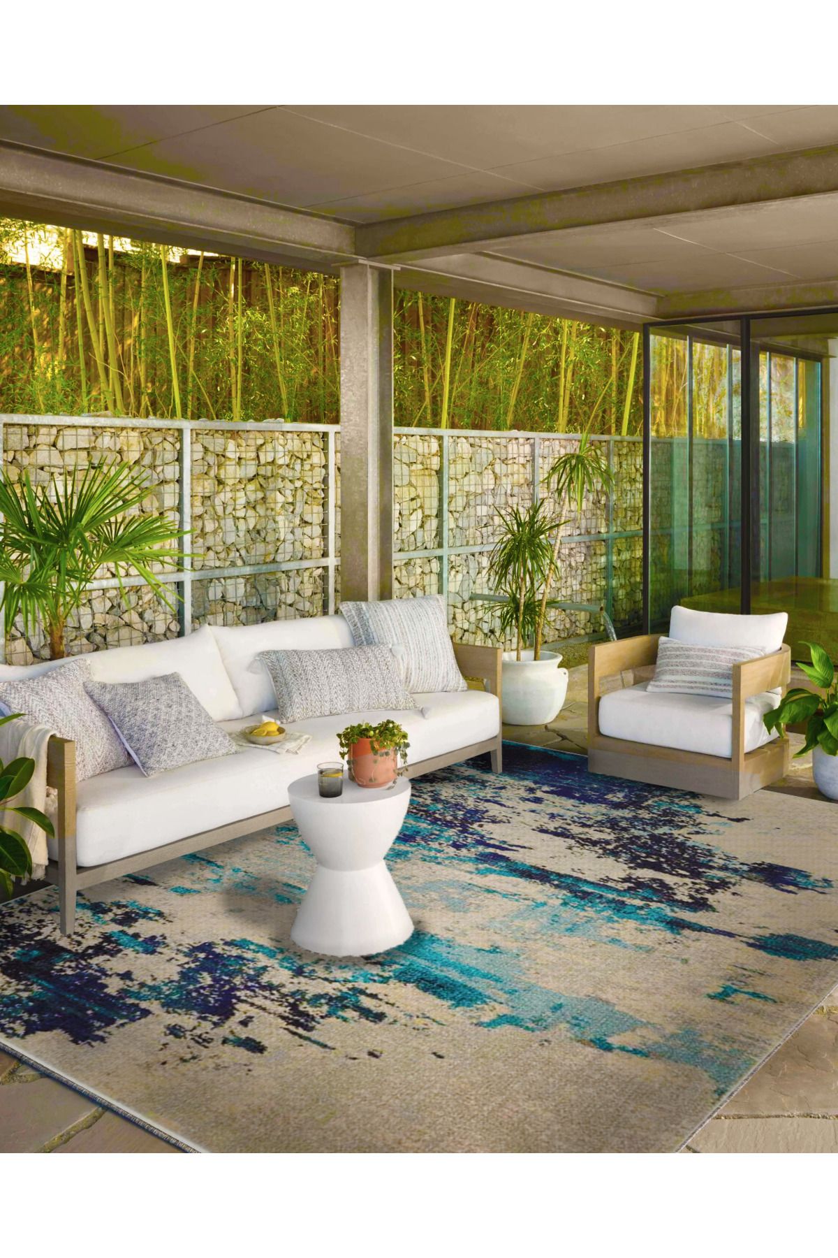 Krem Mavi Boyalı Desenli Dokuma Taban Halı ve Yıkanabilir Halı miravip10122