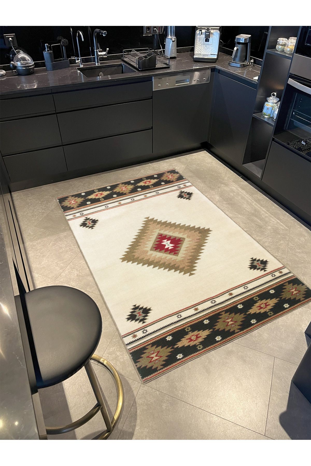 Bej Temalı Hasır Tasarım Geometrik Desenli Vintage Dekoratif Halı 3406