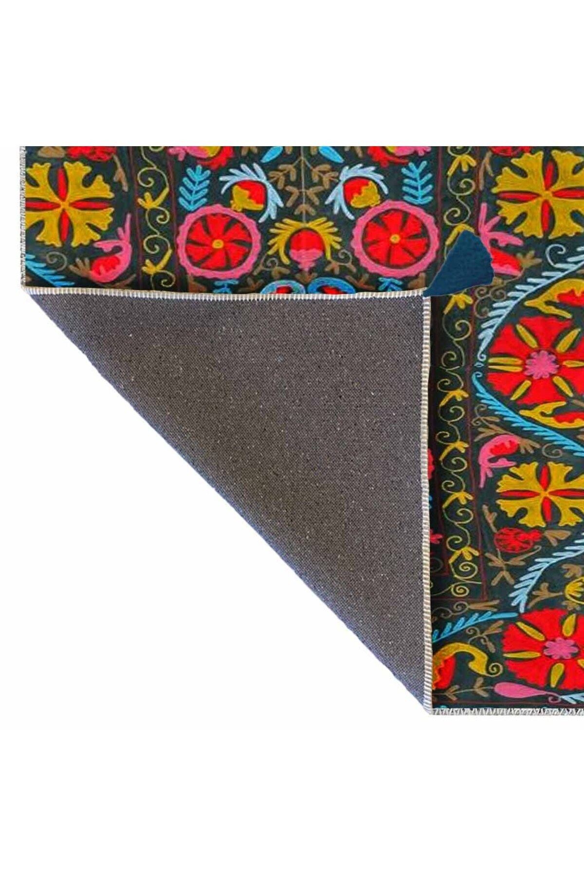Haryana Koleksiyonu Çok Renkli Çiçek Motifleri Desenli Dokuma Taban Vintage Dekoratif Halı 10
