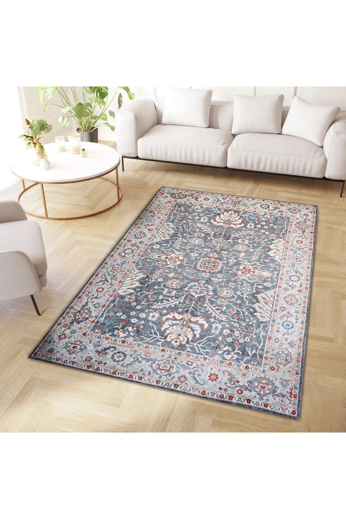 Mete Koleksiyonu Gri Bej Temalı Geleneksel Motifler ve Çiçek Desenli Vintage Dekoratif Halı 38