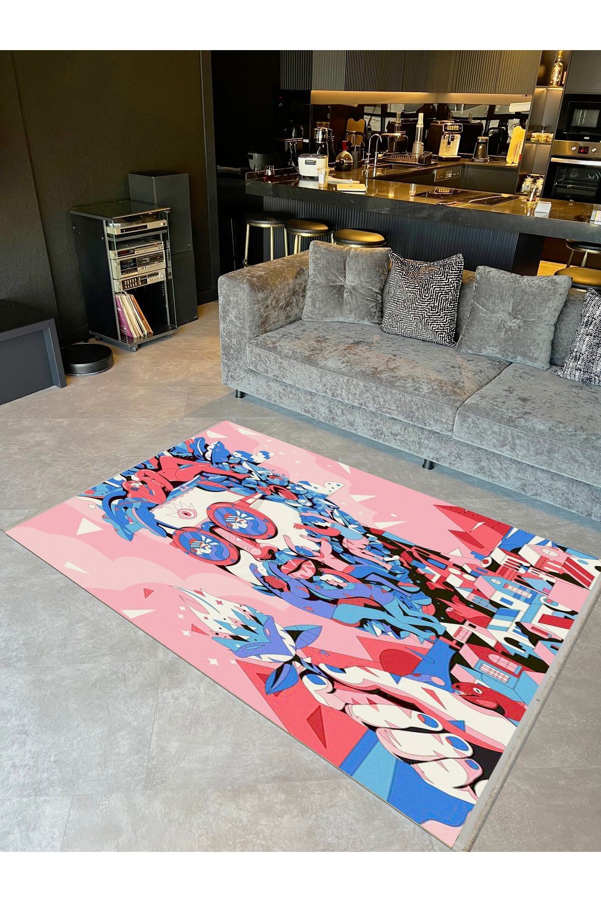 Asena Koleksiyonu Pembe Mavi Tonlarda Soyut İnsan ve Ev Figürleri Desenli Modern Dekoratif Halı 35