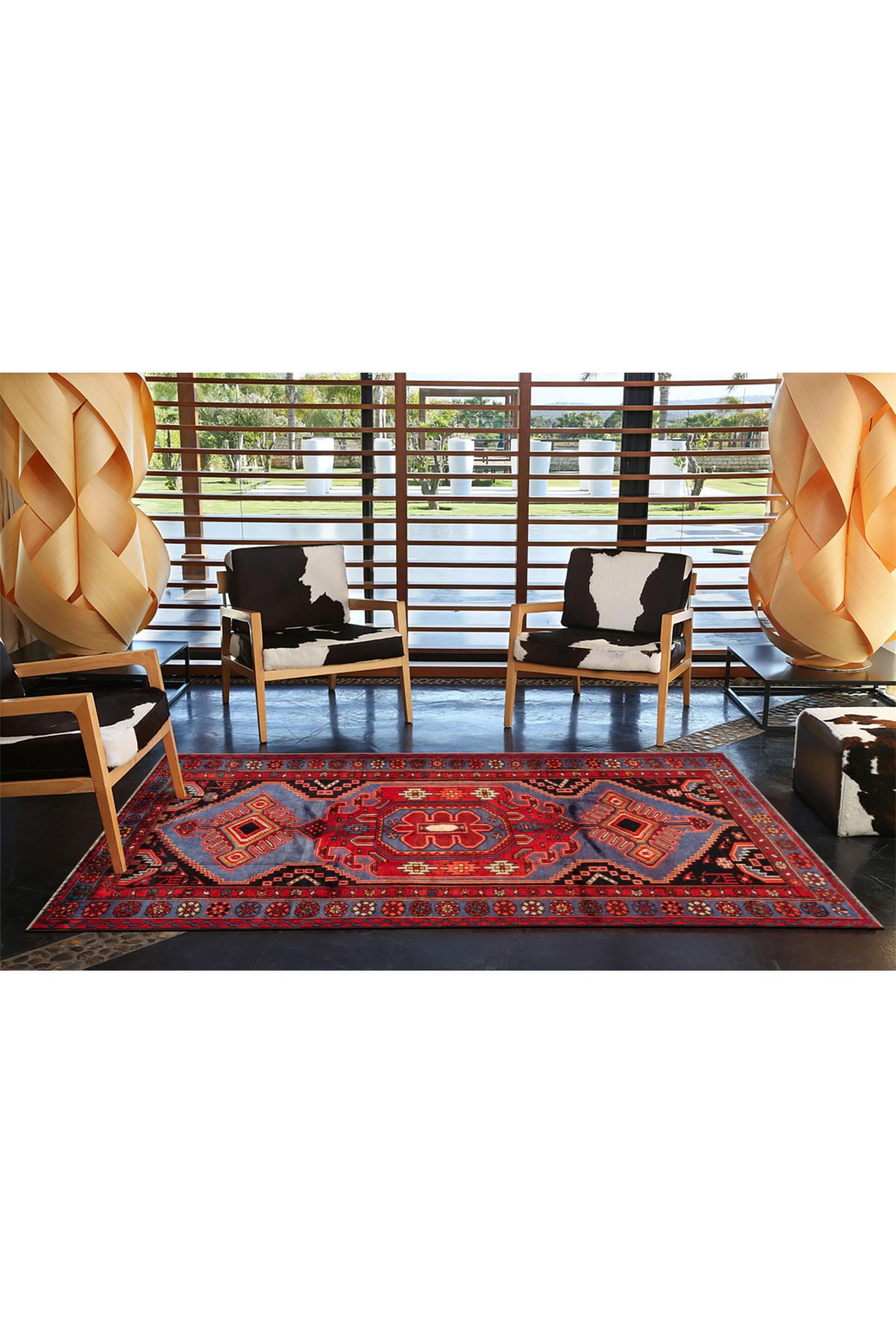 Mavi Kırmızı Temalı Motifli Etnik Desenli Vintage Dekoratif Halı 4785