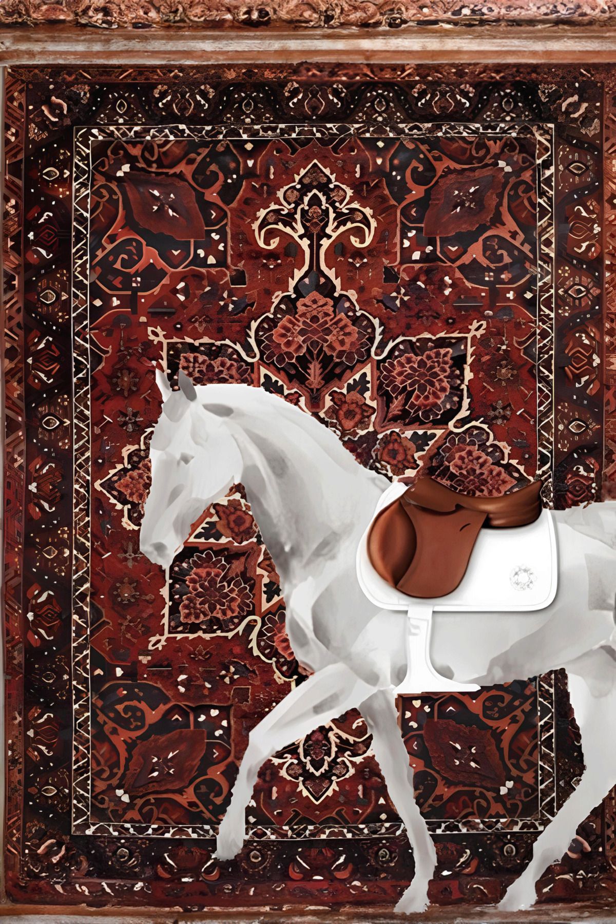 Bordo Temalı At Desenli Geleneksel Motifli Vintage Dekoratif Halı 1672