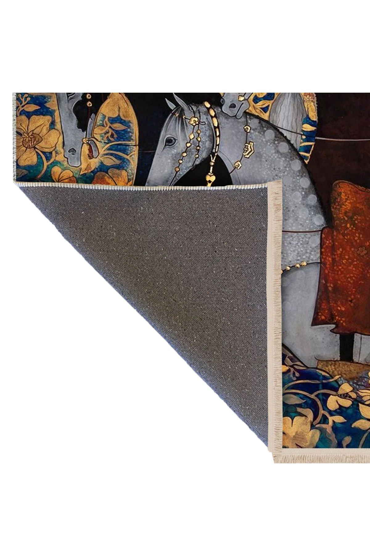 Yılmaz Koleksiyonu Çiçek Temalı Üç Asil At Desenli Dokuma Taban Modern Dekoratif Halı yılmaz27