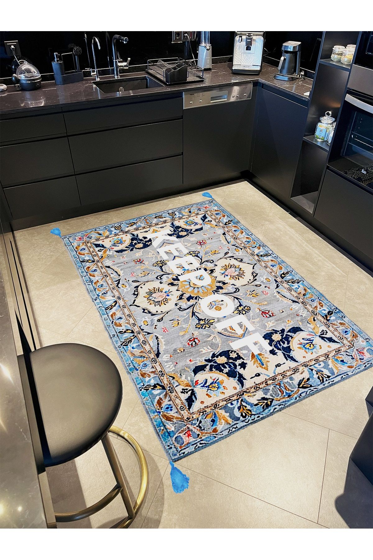 Tokyo Koleksiyonu Gri Mavi Ton Keep Off Yazılı Floral Desenli Dokuma Taban Vintage Dekoratif Halı 24