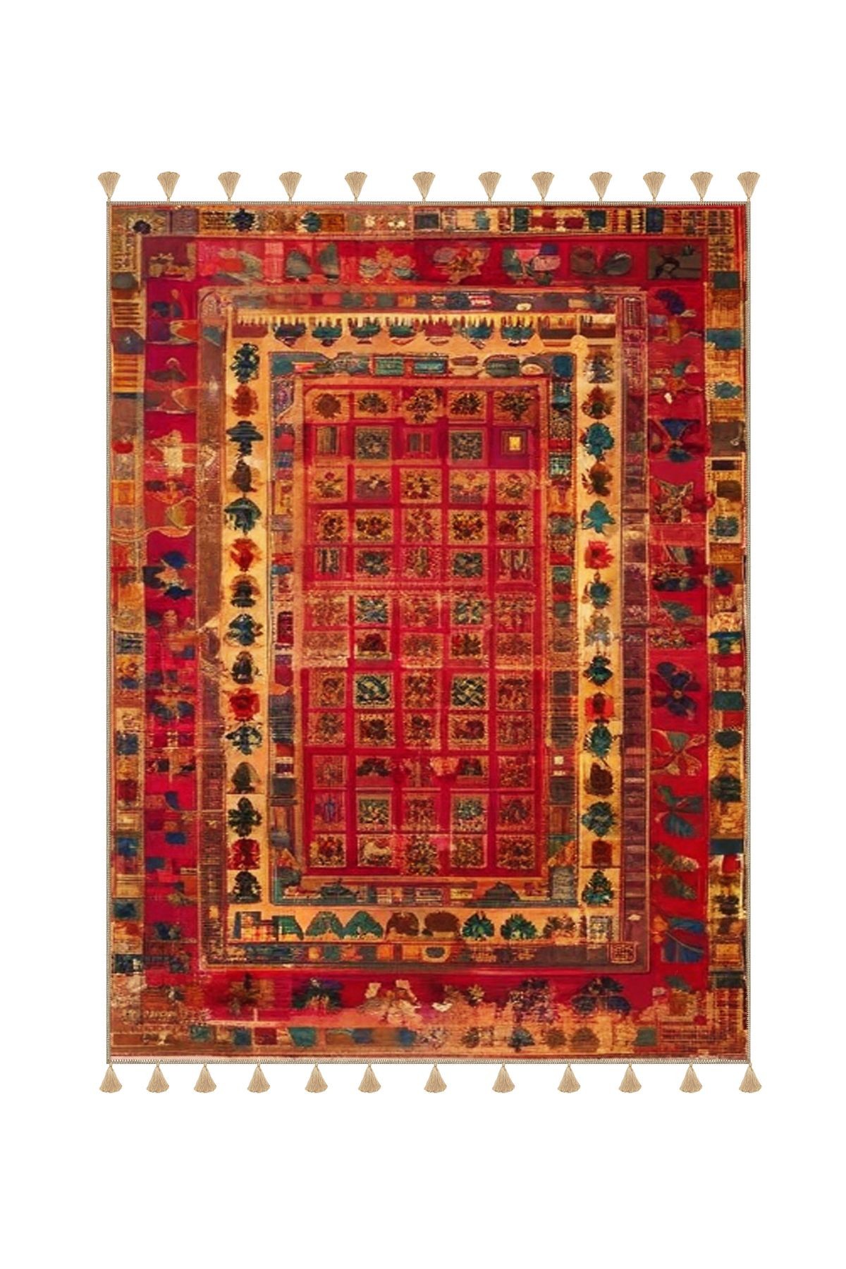 Royal Sıralı Soyut Şekiller Desenli Püskül Detaylı Dokuma Taban Dekoratif Halı royal32