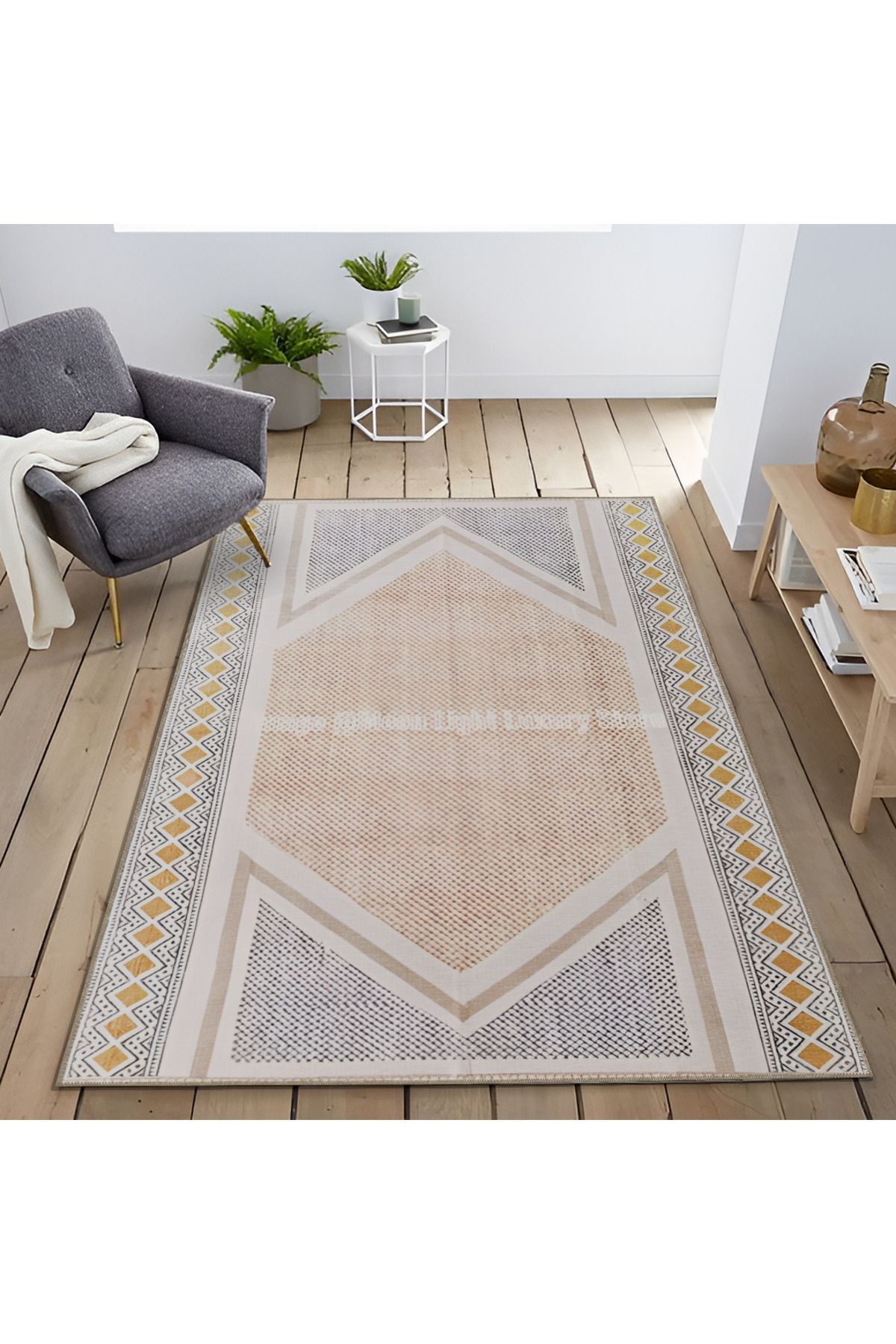 Pembe Mavi Temalı Altıgen Geometrik Şekil Desenli Modern Dekoratif Halı 1909