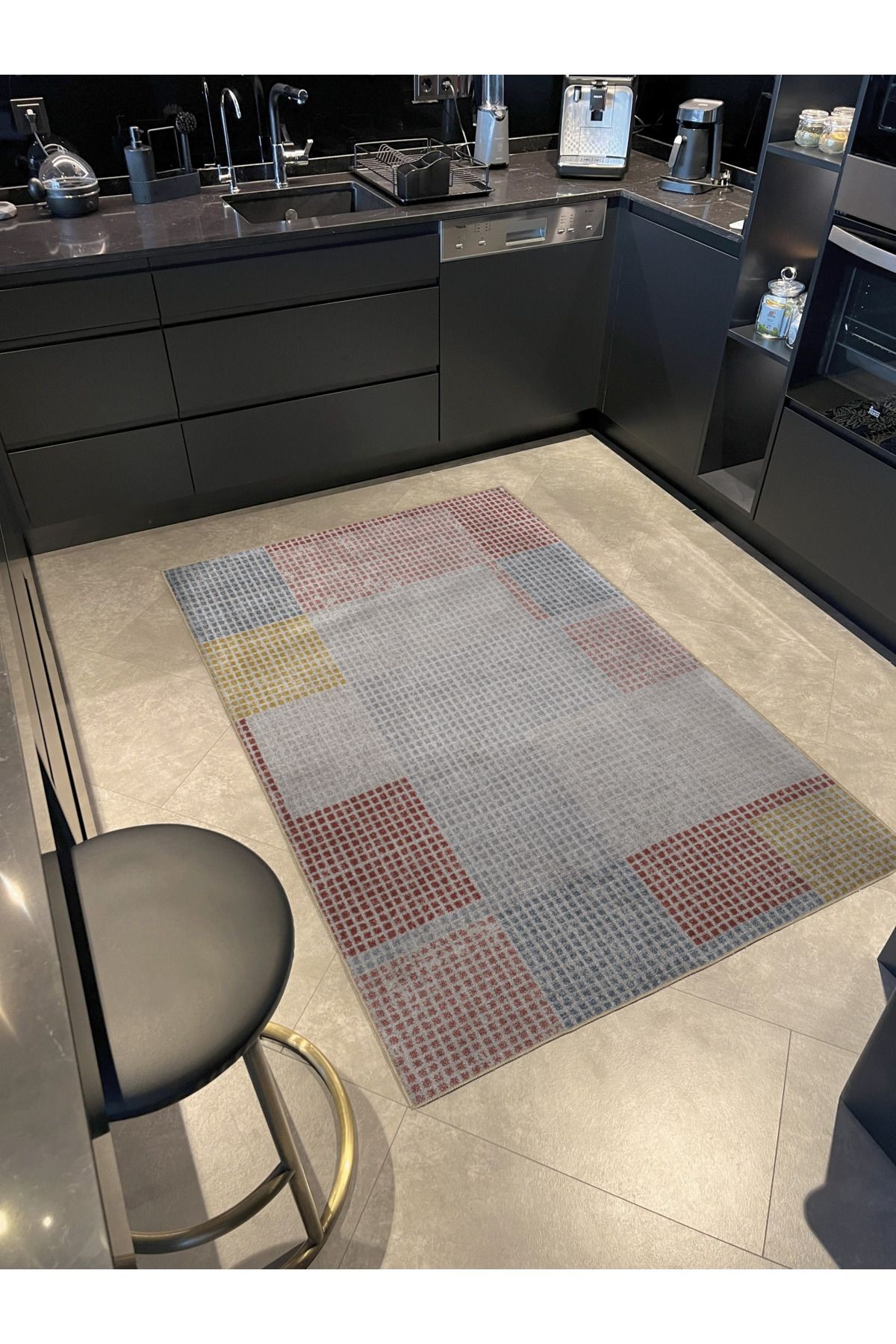Bej Temalı Çok Renkli Soyut Geometrik Desenli Modern Dekoratif Halı 3043
