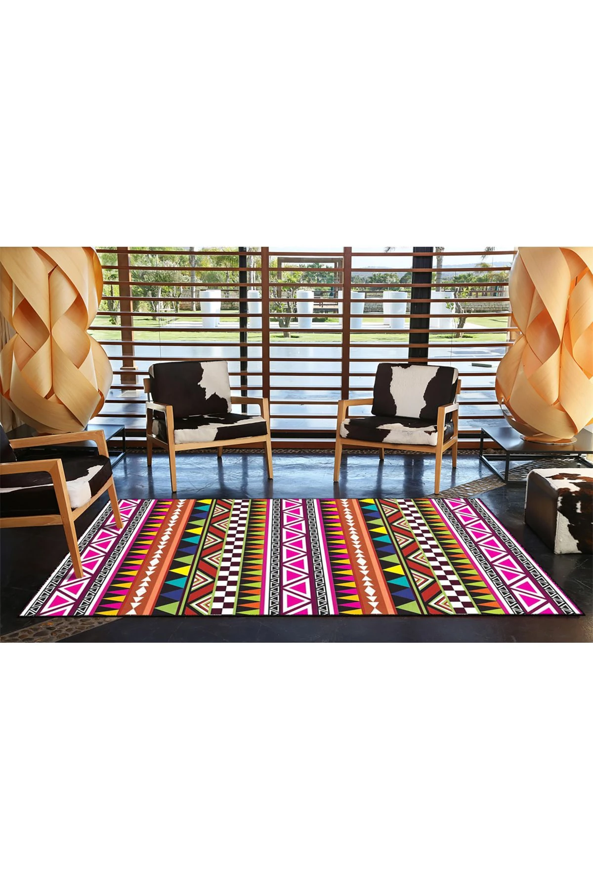 Pembe Renklerde Geometrik Desenli Modern Dekoratif Halı 4386