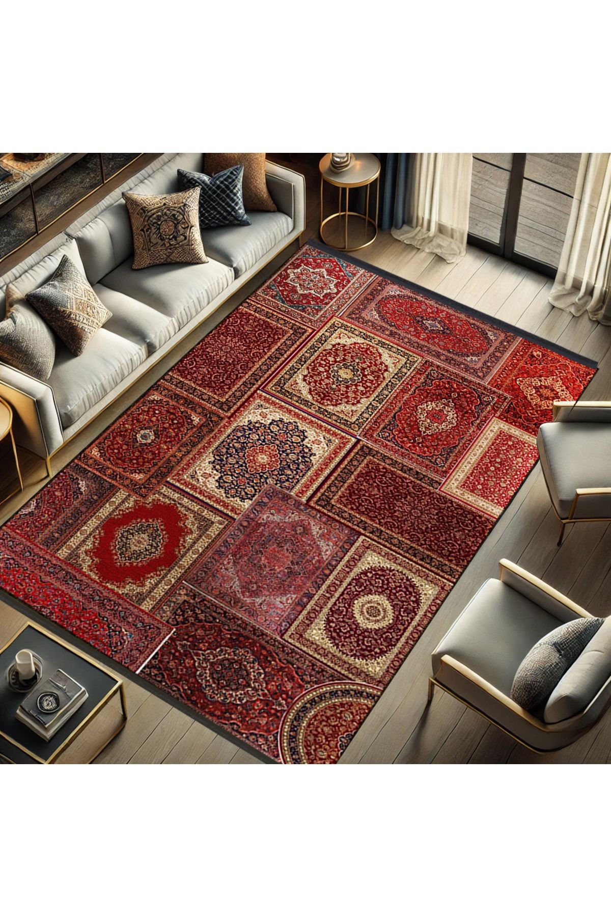 Kuvars Koleksiyonu Çok Renkli Vintage Motifler Desenli Dokuma Taban Etnik Dekoratif Halı kuvars13