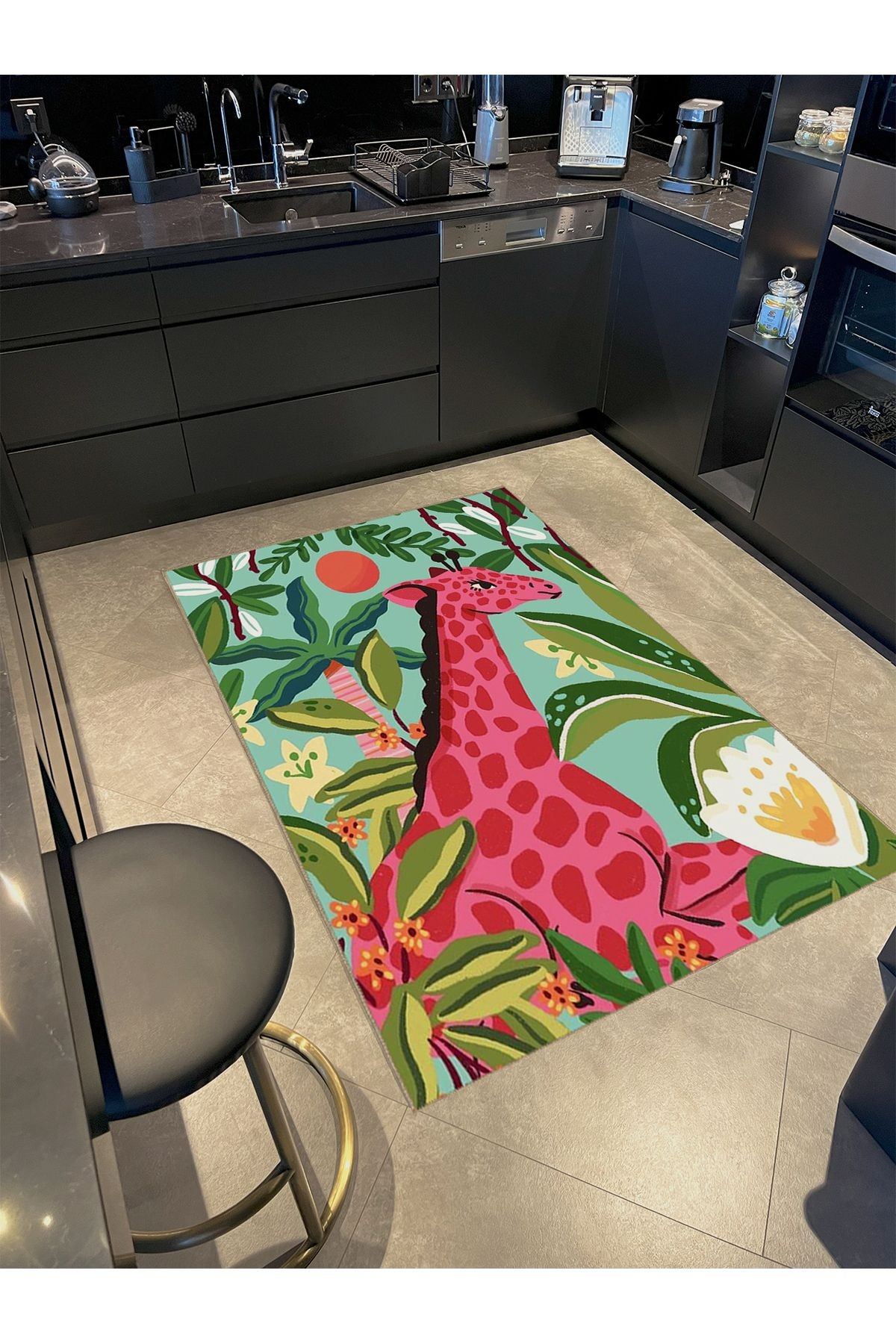 Kubilay Koleksiyonu Orman Temalı Pembe Zürafa Desenli Dokuma Taban Modern Dekoratif Halı 48