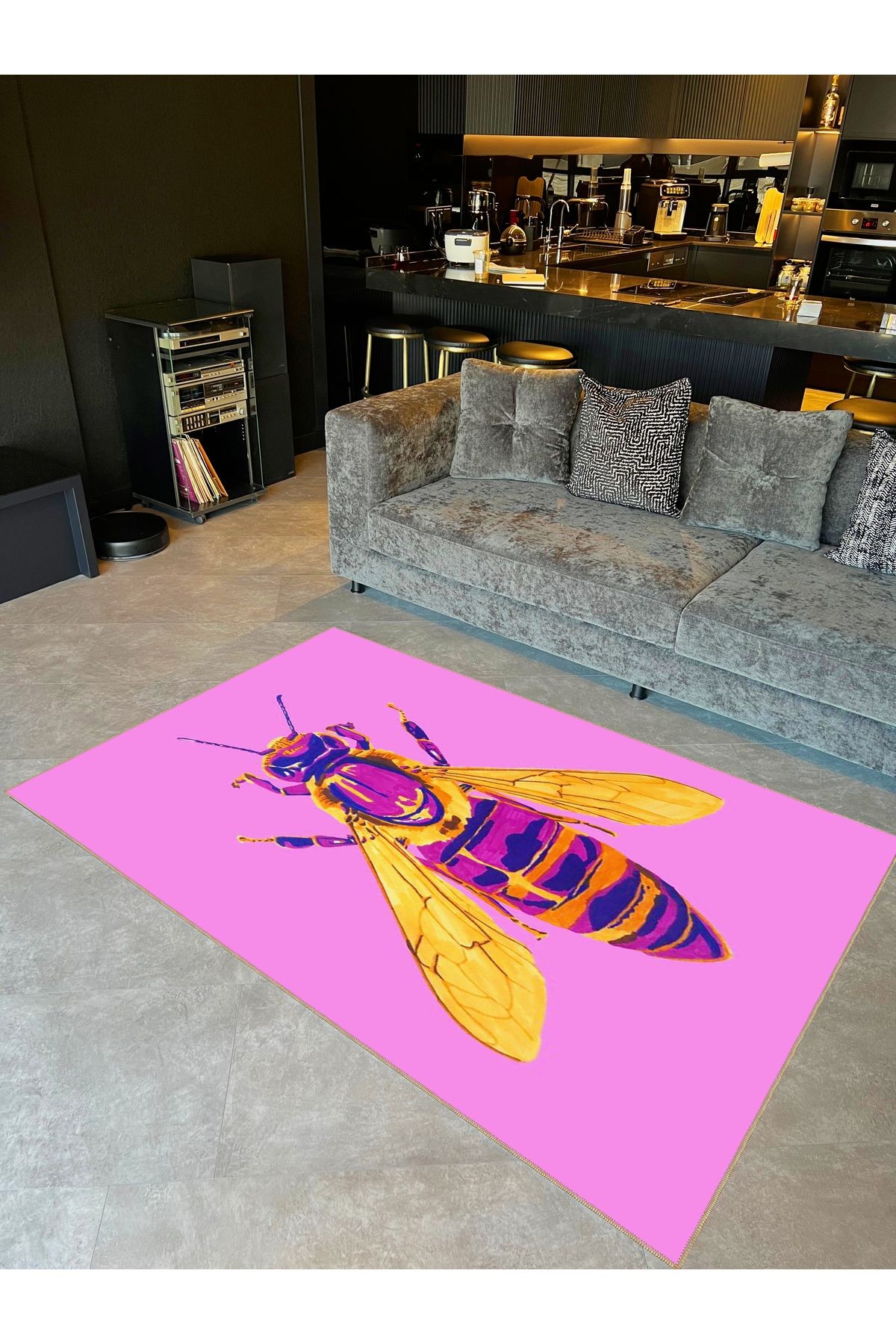 Güneş Koleksiyonu Pembe Mor Sarı Detaylı Sinek Desenli Dokuma Taban Modern Dekoratif Halı güneş42
