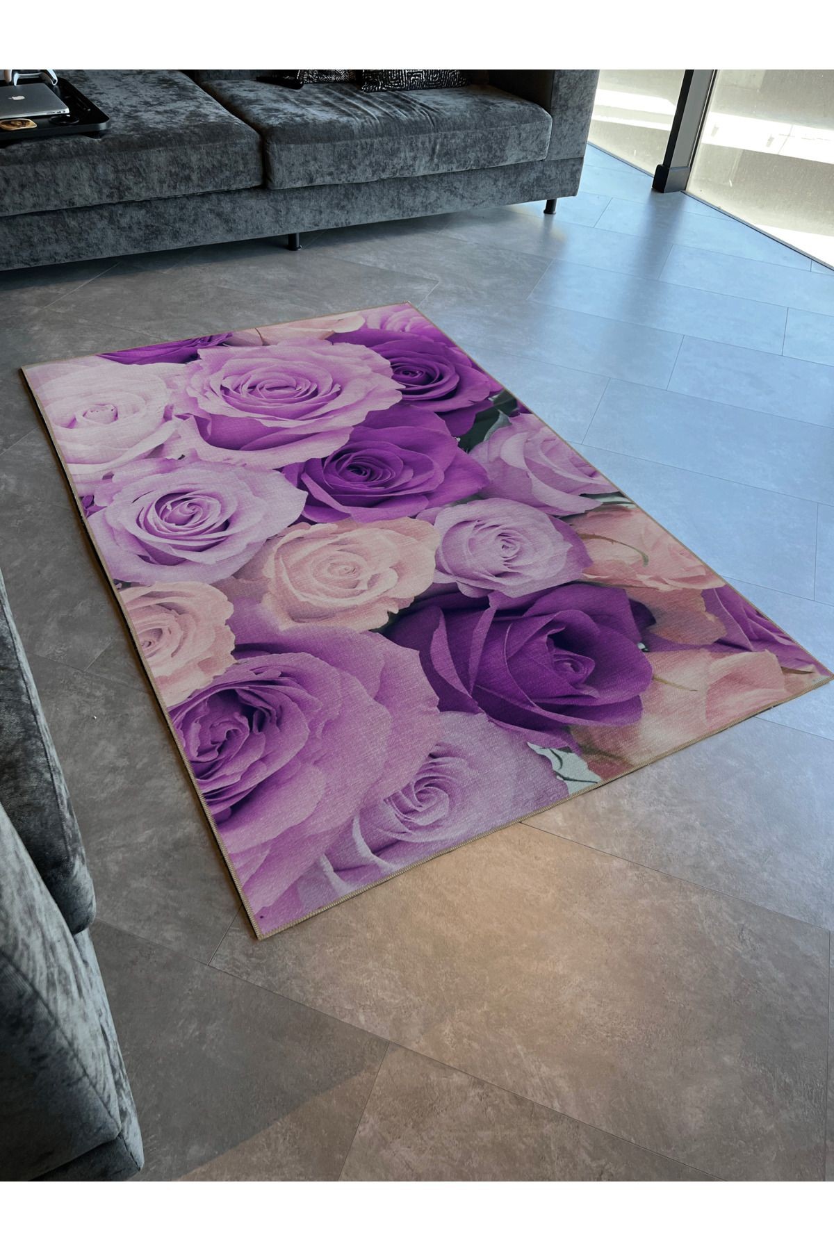 Mor Pembe Temalı Çiçek Gül Desenli Kreatif Modern Dekoratif Halı 2308