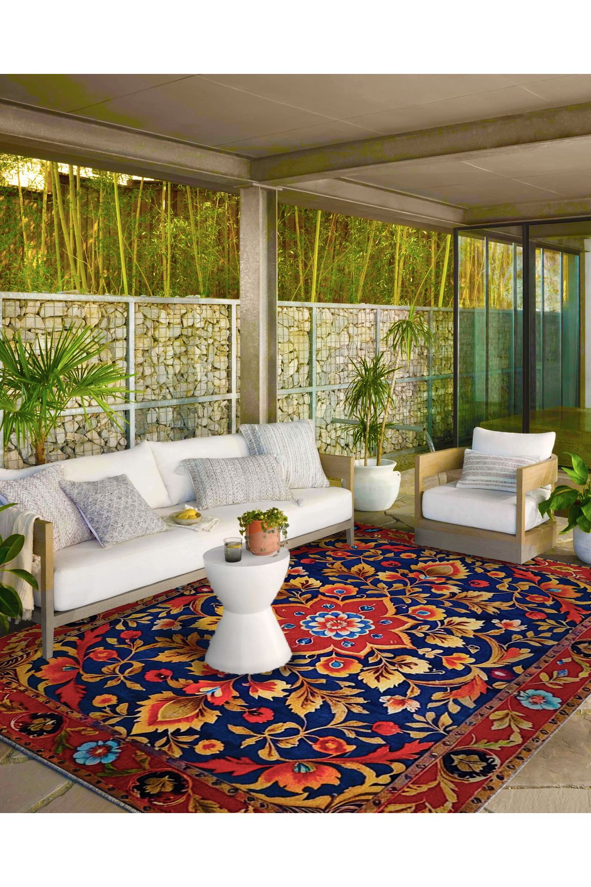 Paris Koleksiyonu Lacivert Temalı Etnik Motifler ve Çiçek Desenli Vintage Dekoratif Halı 54