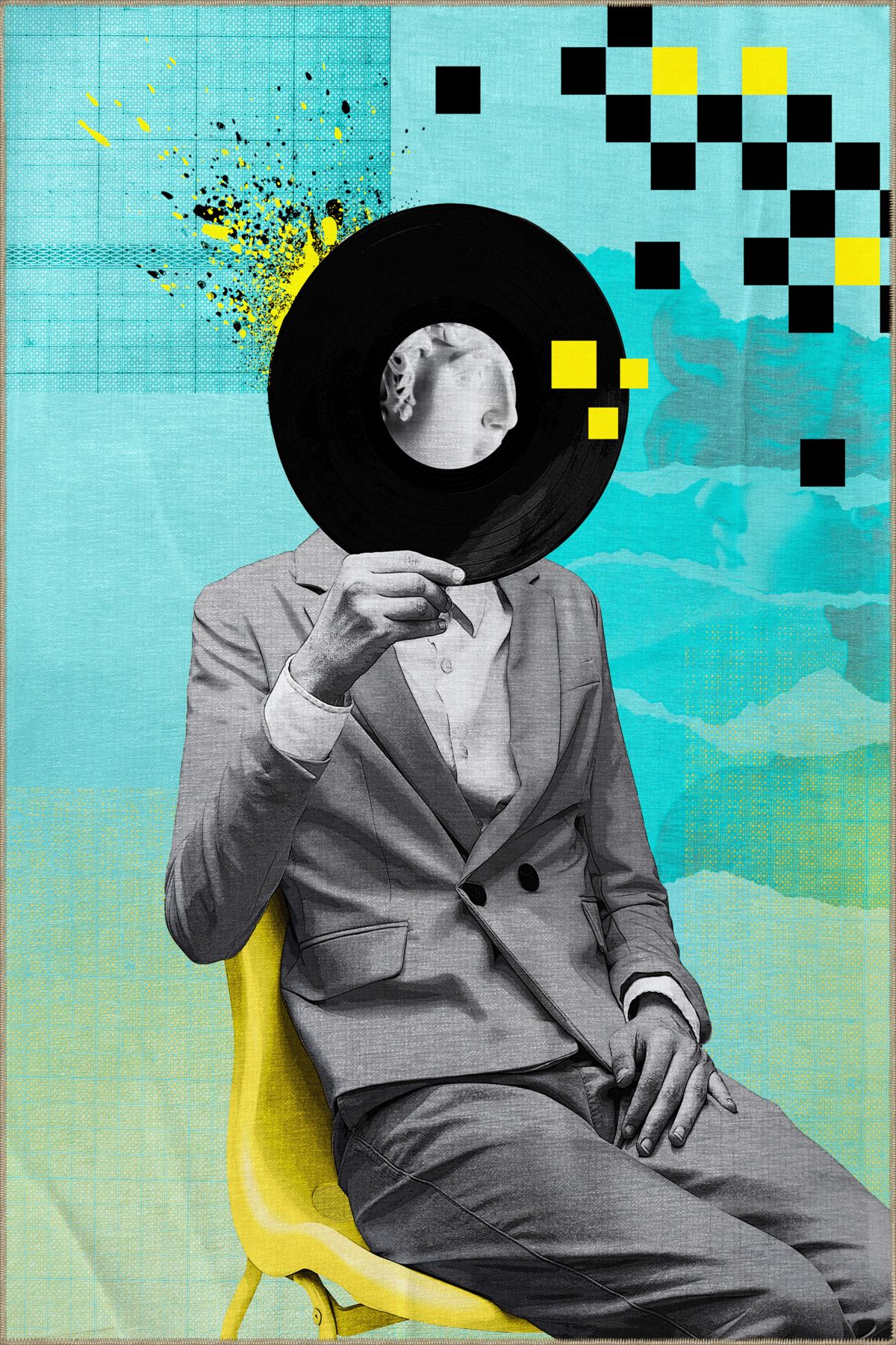 Turkuaz Gri Temalı İnsan Figürü Desenli Modern Dekoratif Halı 3480