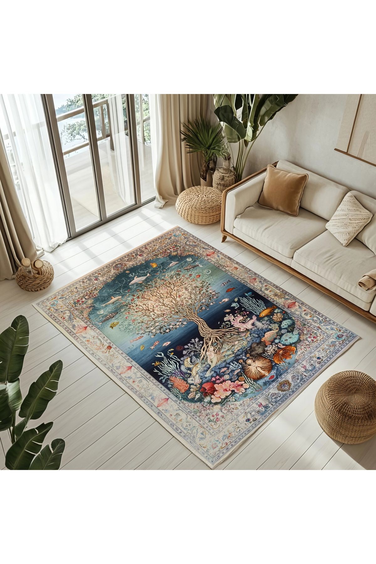 Nora Art 08 Gece Renkleri Su Altı Dünyası Çok Renkli Dokuma Taban Dekoratif Salon Halısı
