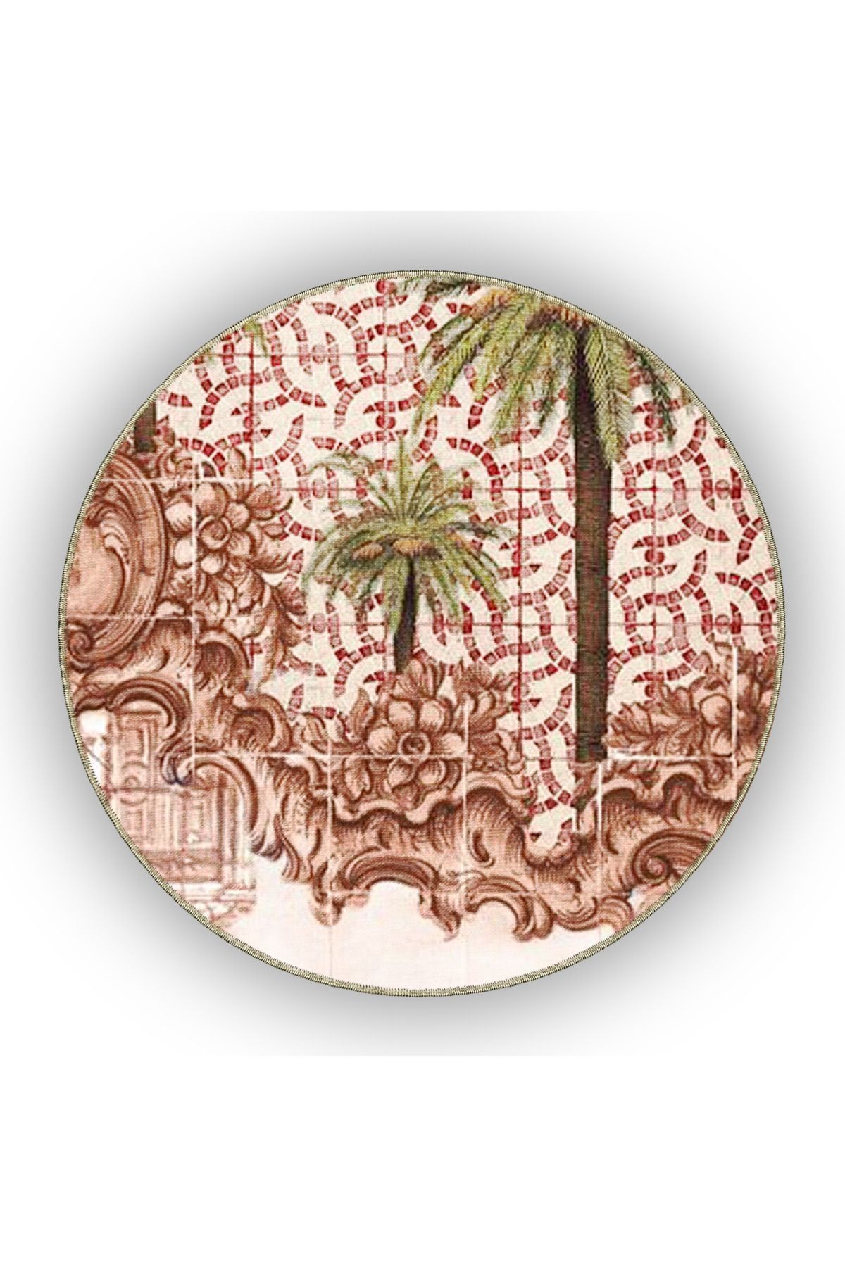 Bej Temalı Antik Kasaba Tasarım Ağaç ve Bina Desenli Vintage Dekoratif Halı 5076