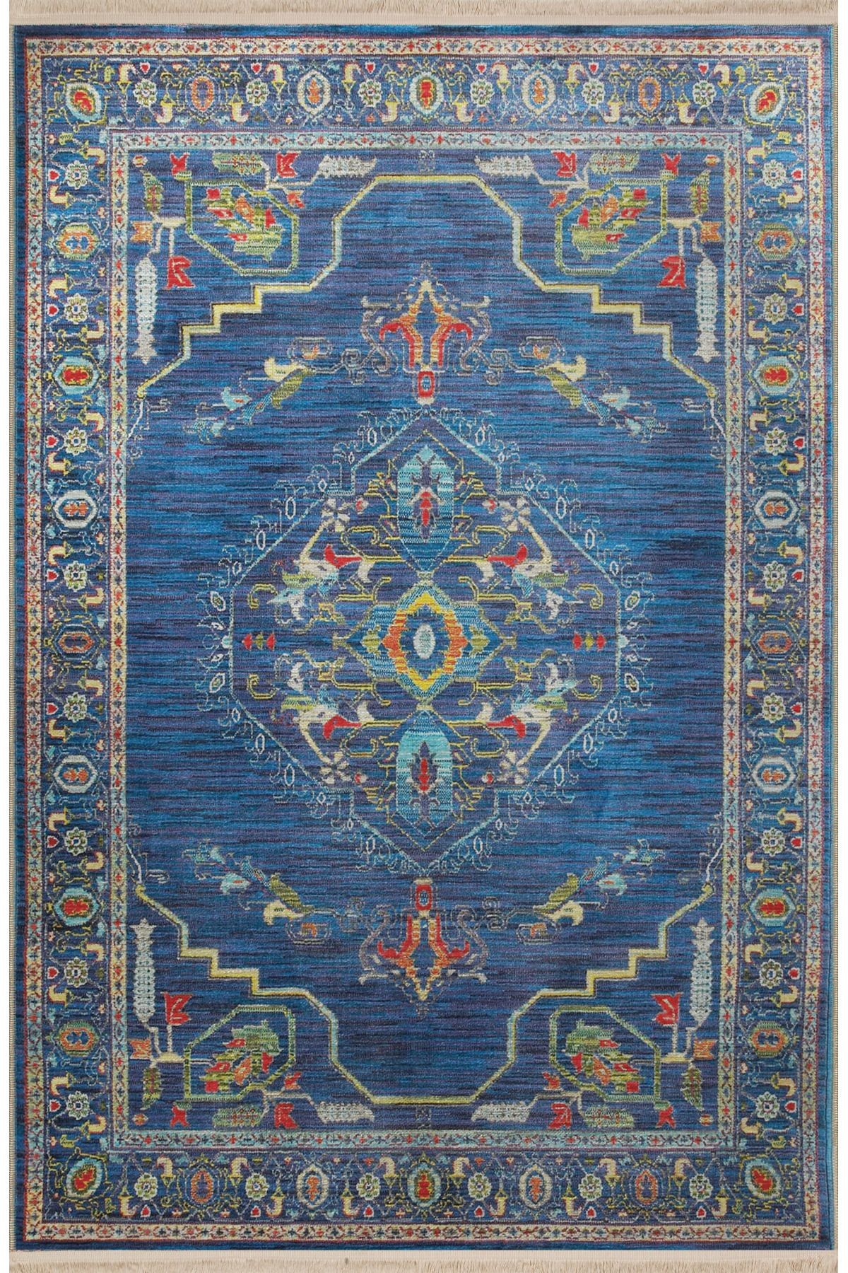 Lacivert Temalı Çok Renkli Geleneksel Motif Desenli Kreatif Vintage Dekoratif Halı 2789