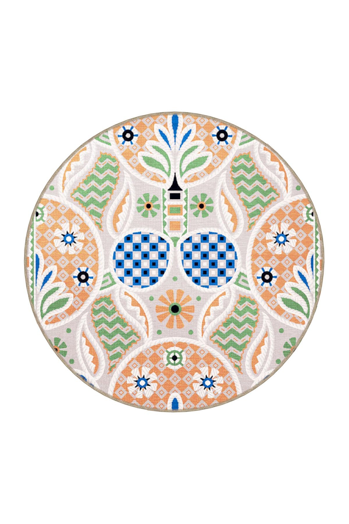 Turuncu Yeşil Temalı Geometrik Figür ve Çiçek Desenli Modern Dekoratif Halı 3414