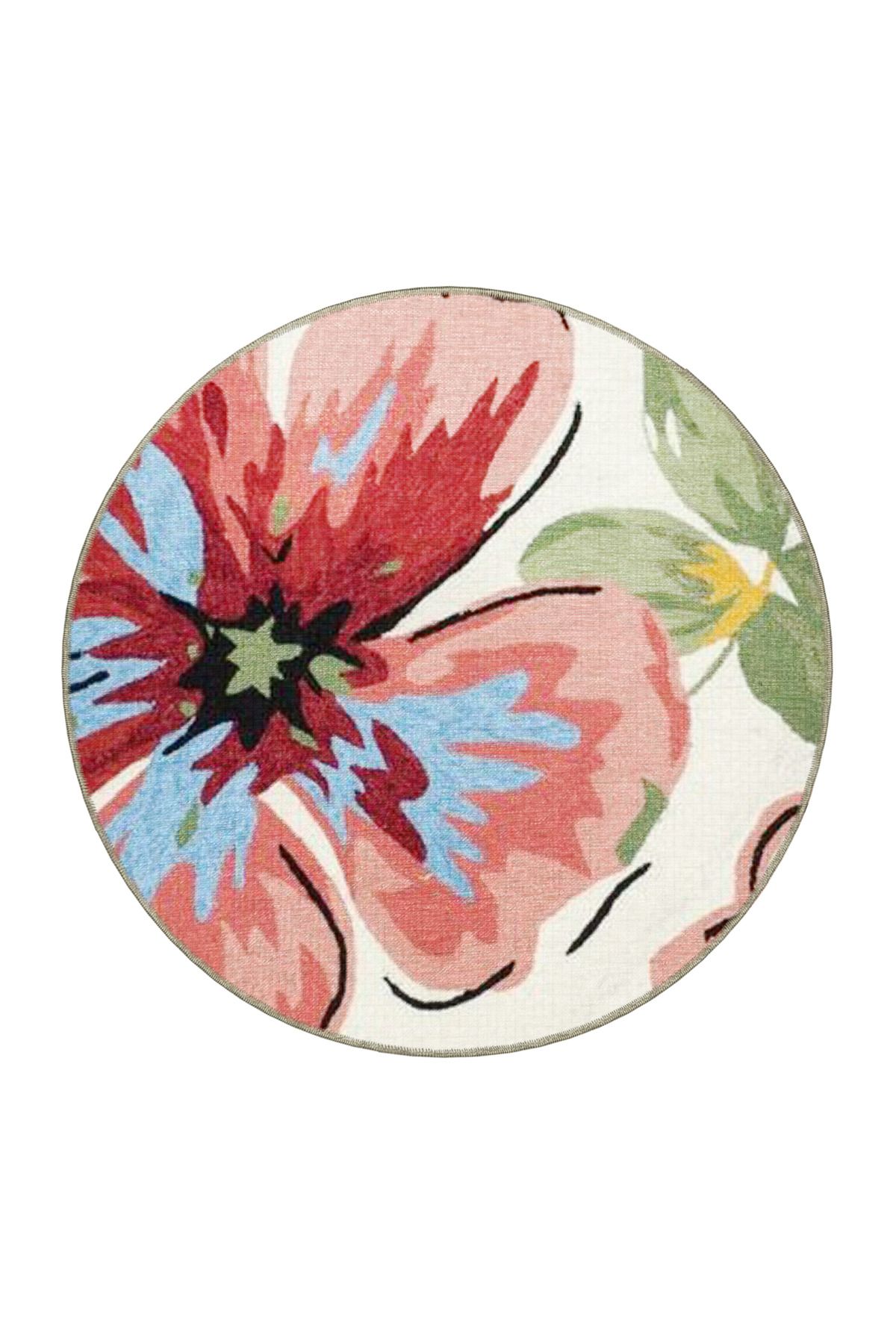 Pembe Yeşil Temalı Yaprak ve Çiçek Desenli Modern Dekoratif Halı 3857