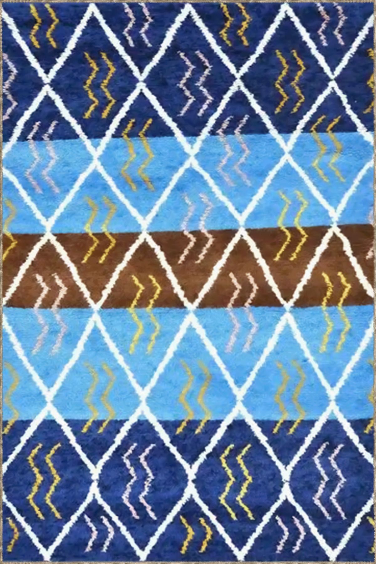 Mavi Kahverengi Temalı Geometrik Desenli Modern Dekoratif Halı 3518