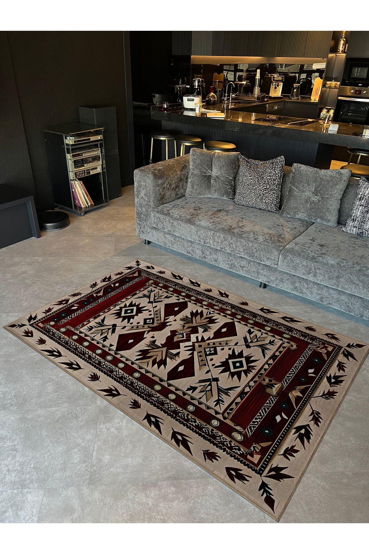 Bordo ve Bej Renkli Antik Tasarım Serisi Kenar Detaylı Desenli Vintage Dekoratif Halı antik14