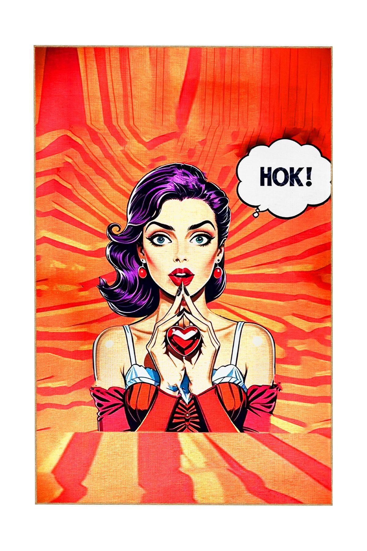 Çok Renkli Mor Saçlı Kadın  Kalp Detaylı Dokuma Taban Yıkanabilir Halı miraface14