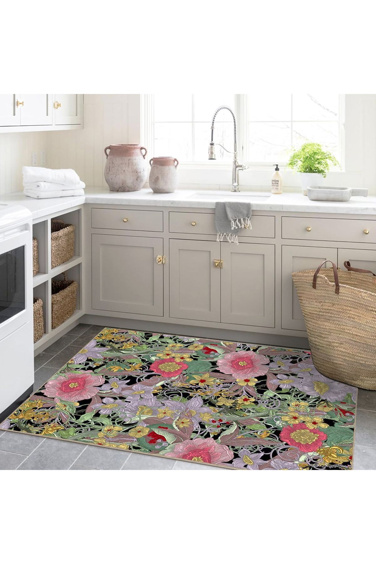 Semih Koleksiyonu Çok Renkli Floral Karma Çiçekler Desenli Dokuma Taban Modern Dekoratif Halı 43