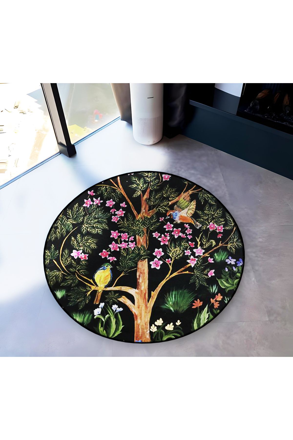 Mira Yuvarlak Ağaç Dalında Kuşlar ve Pembe Çiçekler Detaylı Dokuma Taban Modern Dekoratif Halı 5686