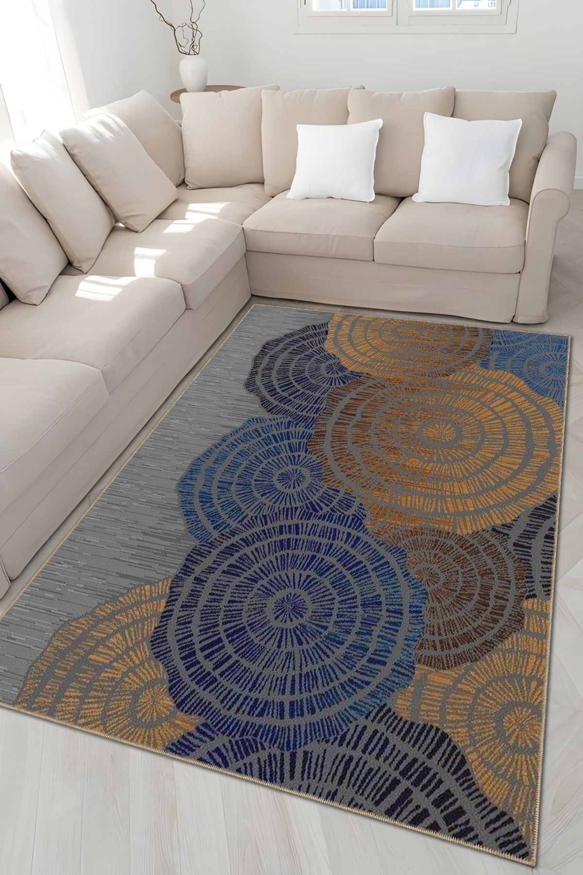 Gri Mavi Temalı Soyut Daire Desenli Kreatif Modern Dekoratif Halı 4904