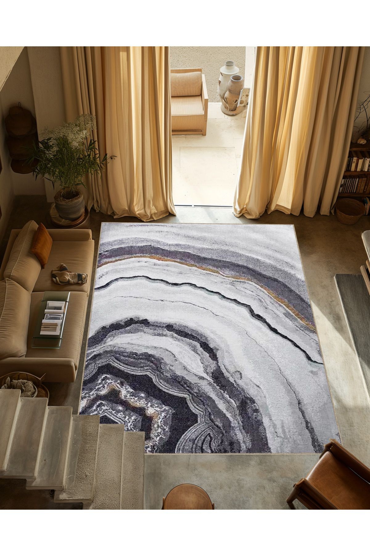 Bej Gri Temalı Soyut Abstract Desenli Kreatif Modern Dekoratif Halı 3317