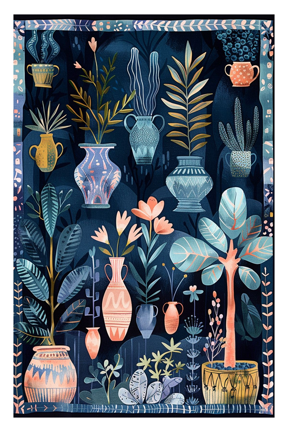 Fiorella Lacivert Vazo ve Bahar Çiçekleri Tema  Dokuma Taban  Dekoratif Halı 7008