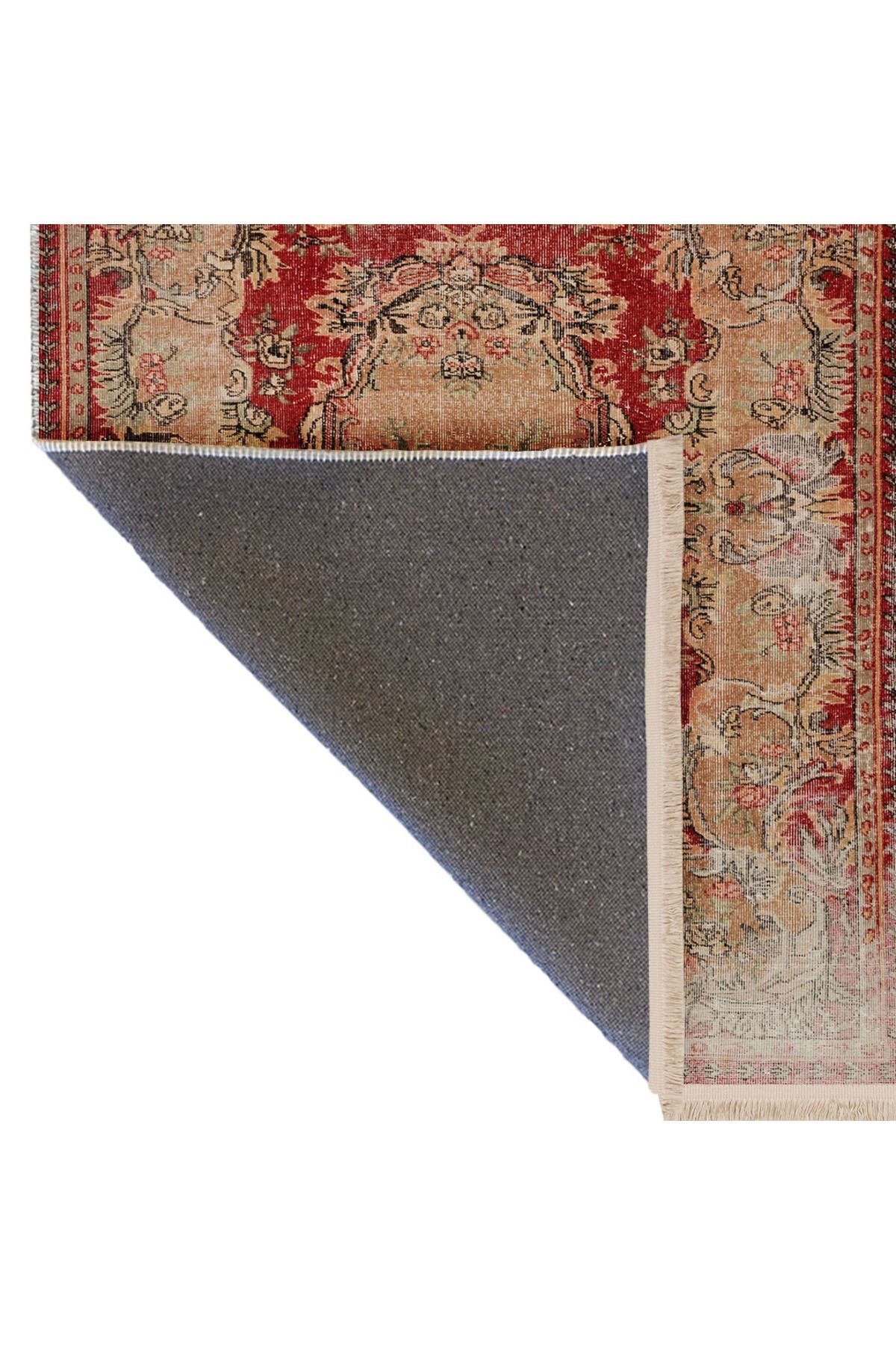Memlük Koleksiyonu Kırmızı Bej Tema Etnik Motif Vintage Desenli Dokuma Taban Dekoratif Halı memlük15