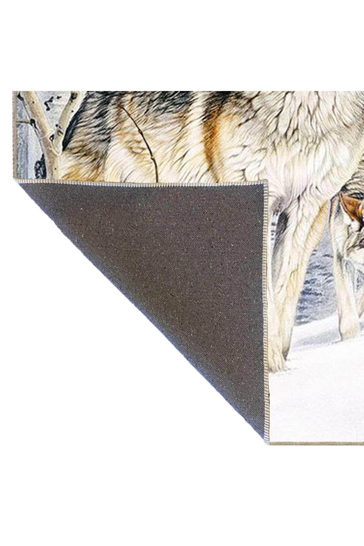 Beyaz Tonlarında Hayvan Kurt Desenli Dekoratif Halı miravip399