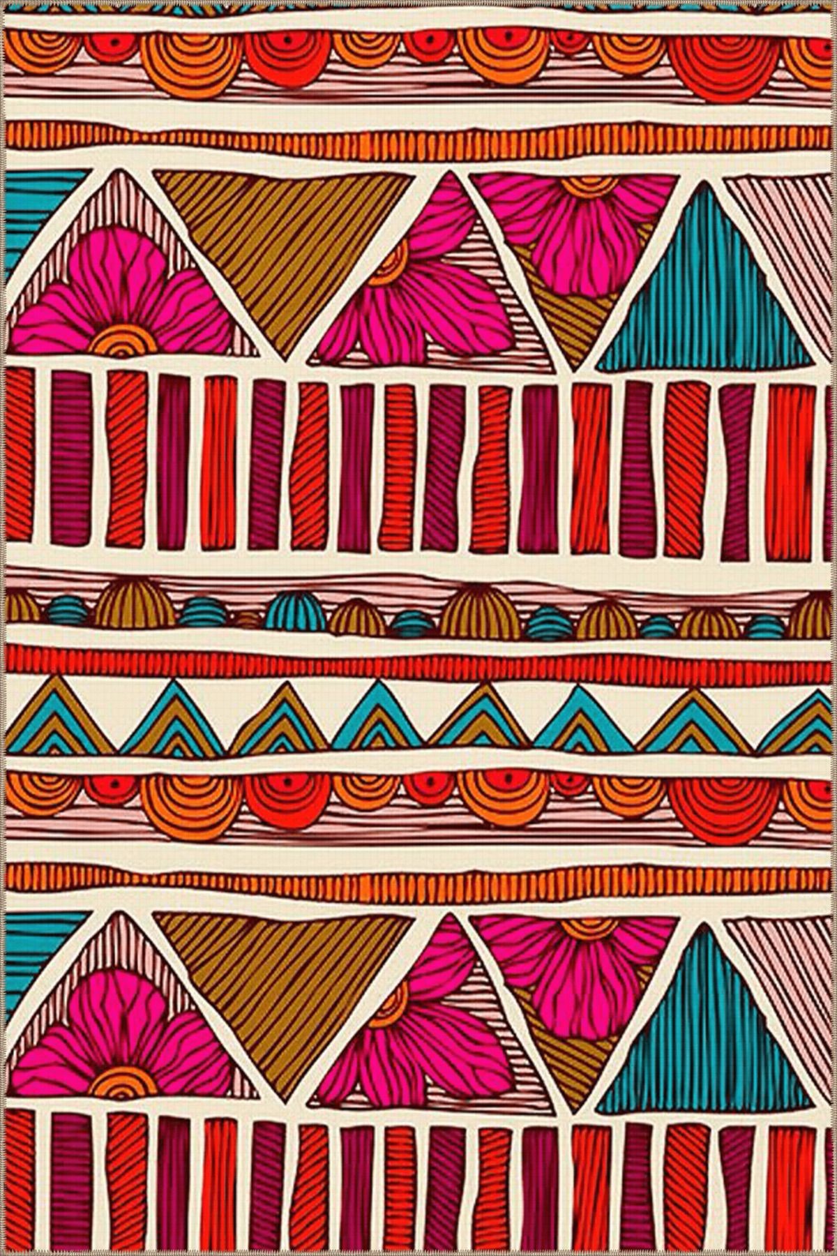 Çok Renkli Soyut Geometrik Desenli Etnik Vintage Dekoratif Halı 3836