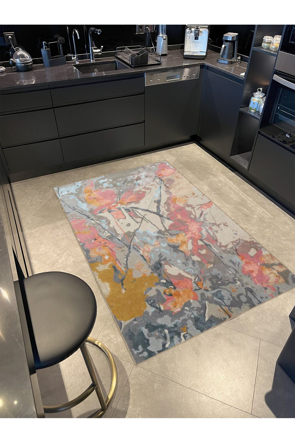 Pembe Gri Temalı Çok Renkli Soyut Abstract Desenli Modern Dekoratif Halı 3974