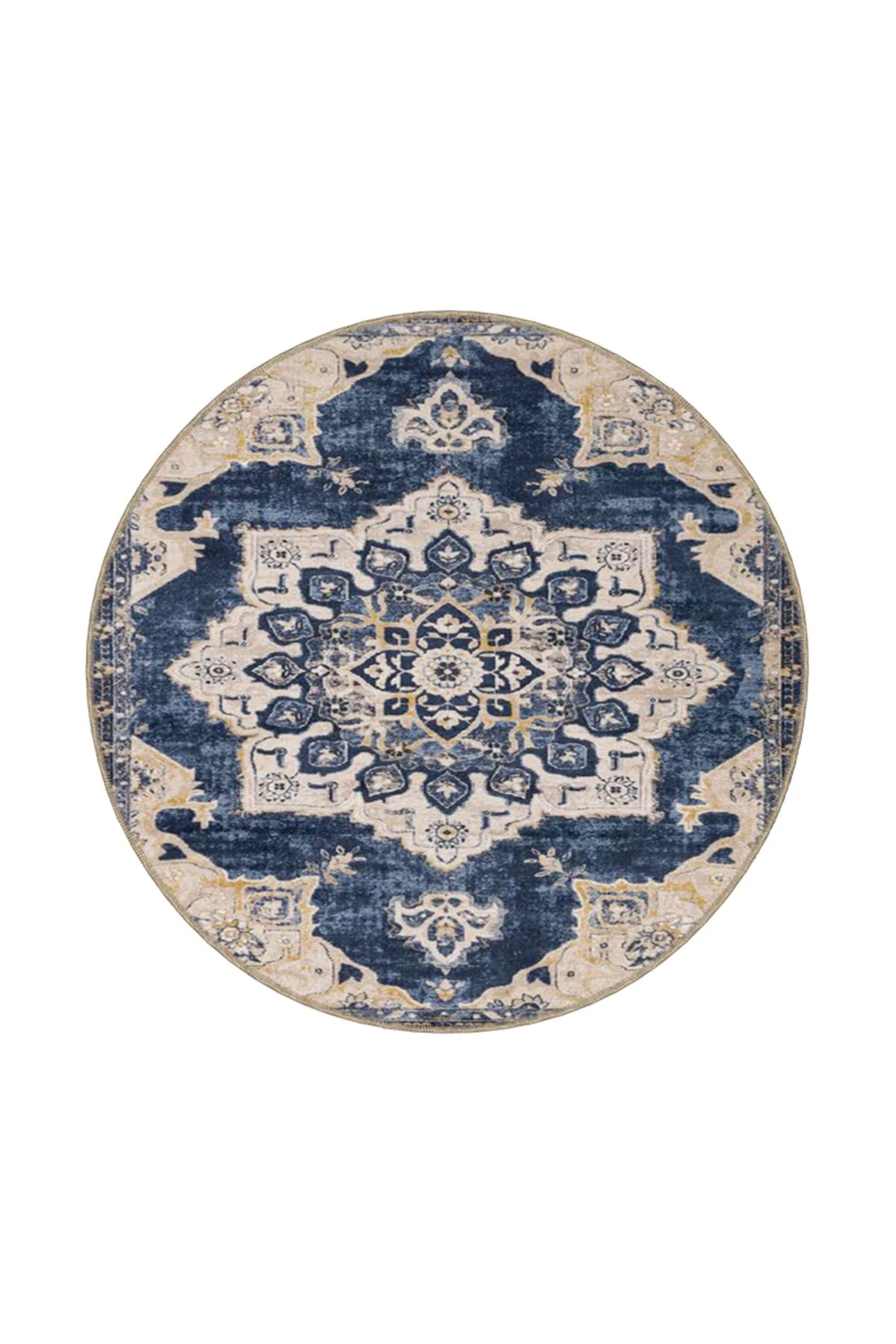 Mavi Krem Geleneksel Baklavalı Çiçekli Dokuma Taban Yıkanabilir Halı miravip8924