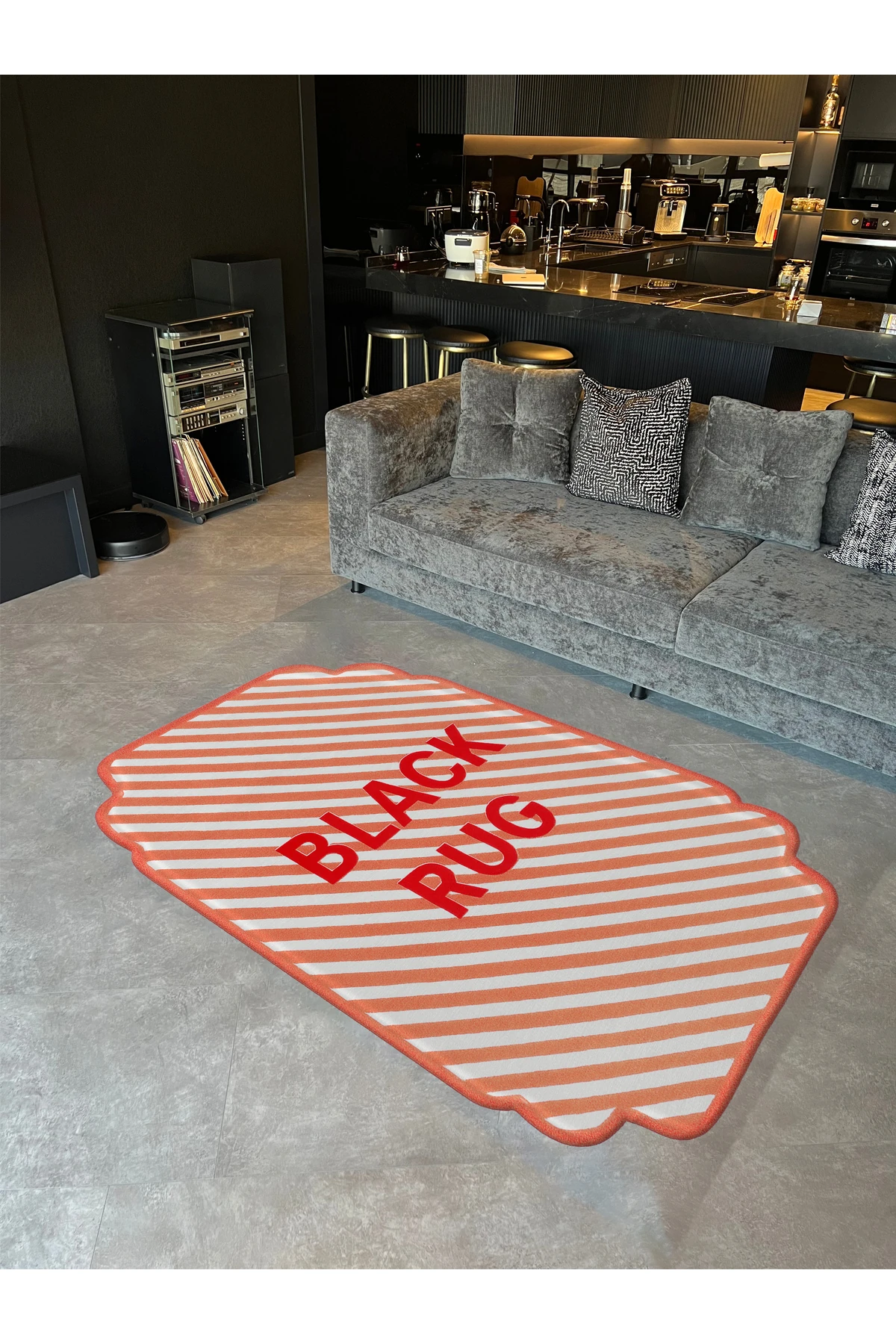 MOSSO Black Rug Yazılı Şeritli Desen Modern Dekoratif Halı mosso459