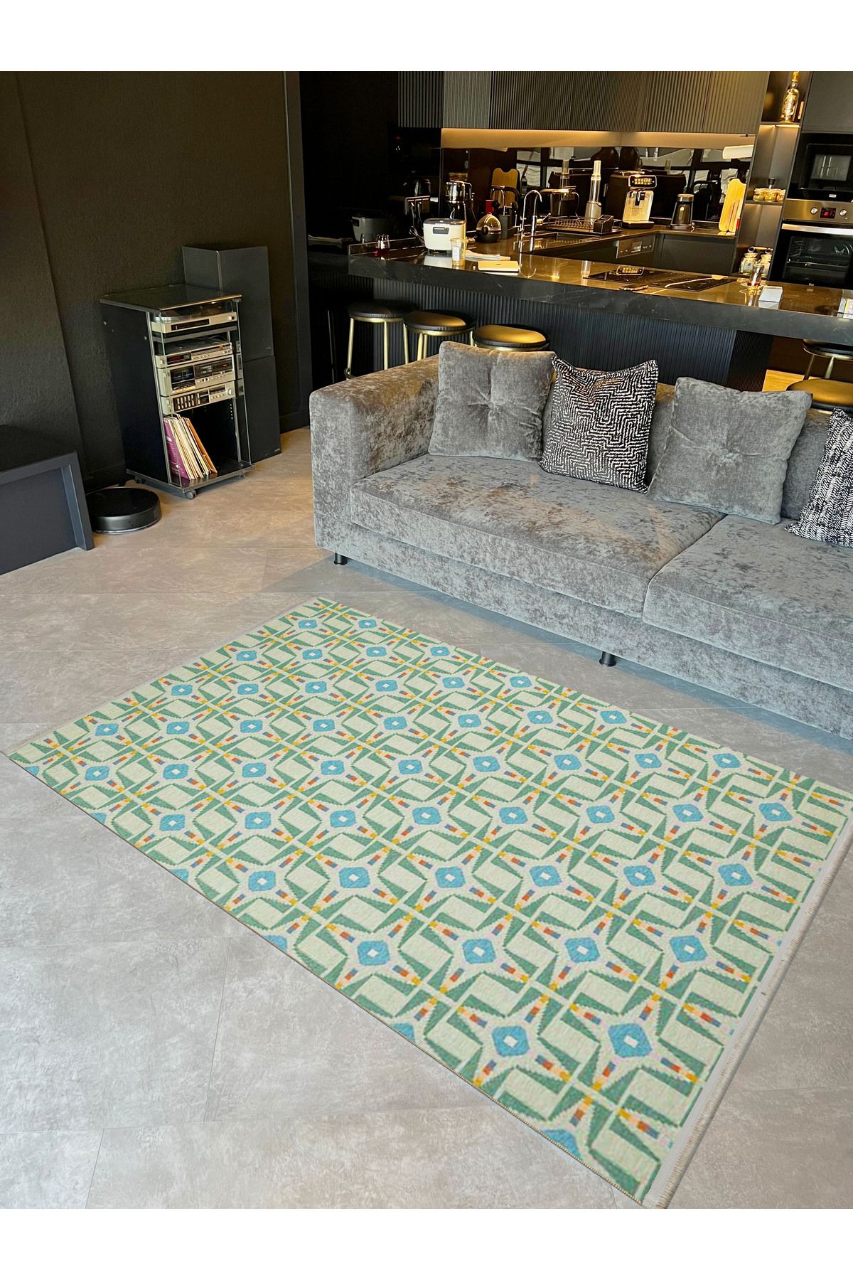 Paris Koleksiyonu Yeşil Mavi Tonlar Karma Şekil Motifleri Desenli Vintage Dekoratif Halı 161