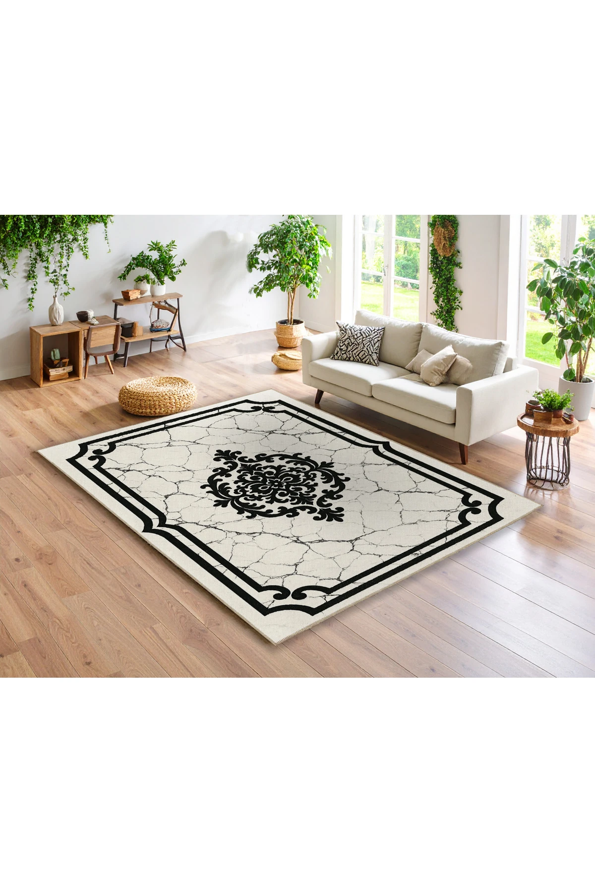 MOSSO Siyah Krem Tema Geleneksel Motif ve Mermer Desenli Dokuma Taban Modern Dekoratif Halı mosso325