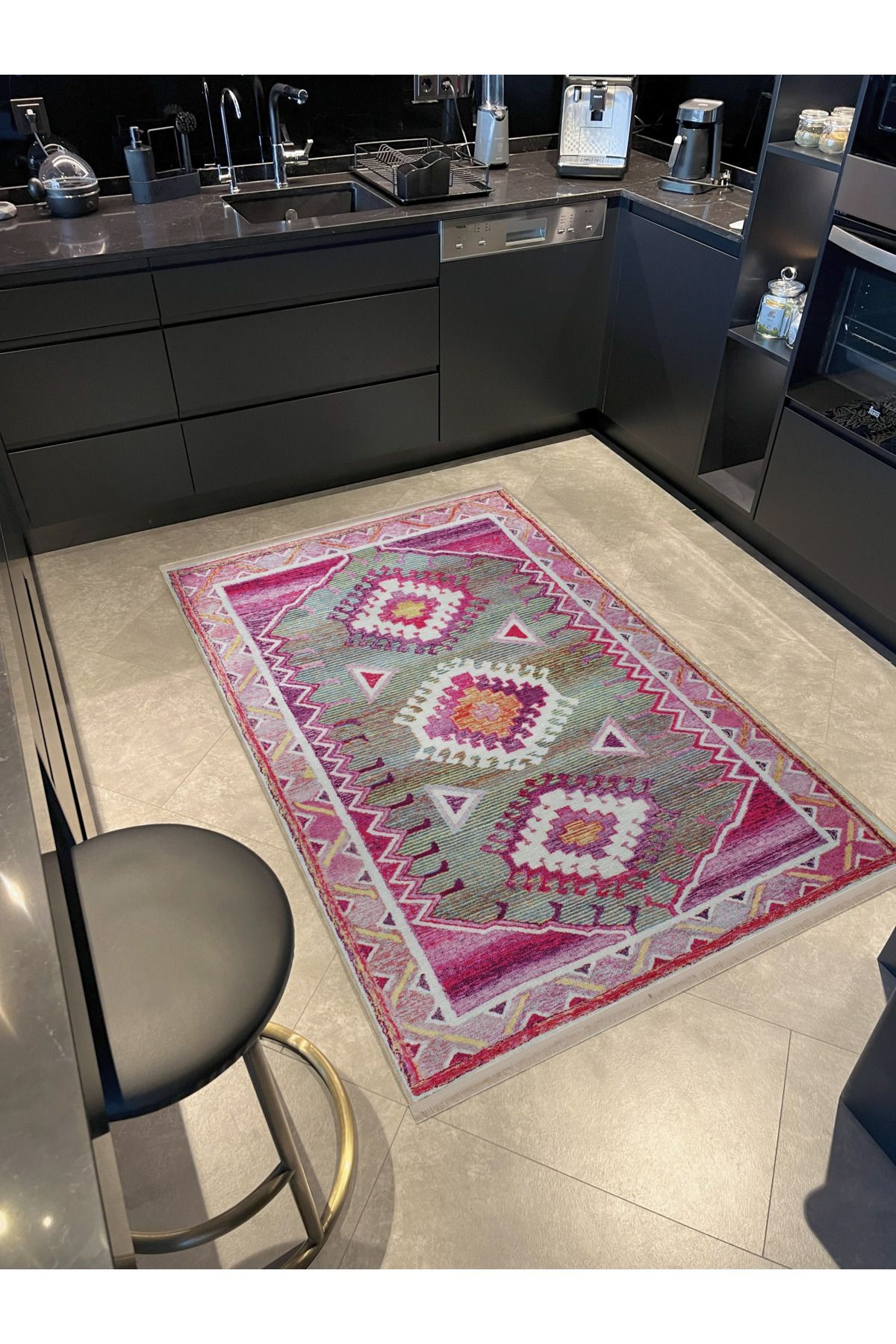 Gri Pembe Temalı Hasır Tasarım Geleneksel Motif Desenli Vintage Dekoratif Halı 2659