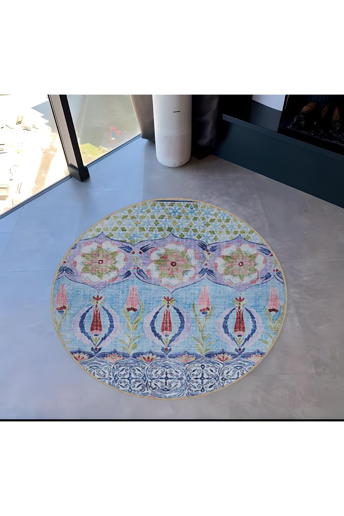 Mavi Temalı Geleneksel Motif Desenli Yuvarlak Dokuma Taban Vintage Dekoratif Halı 6060