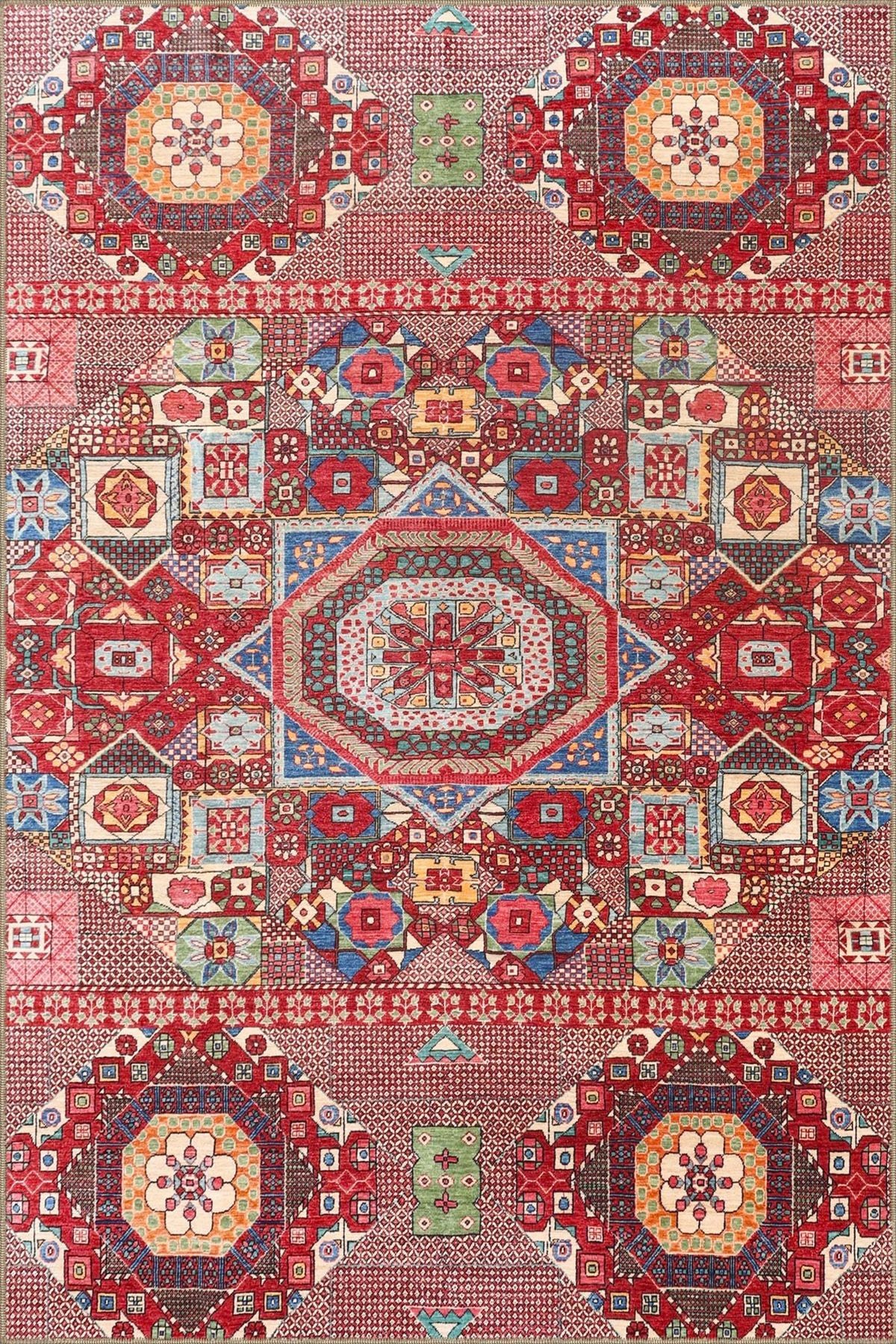Kırmızı Geleneksel Botanik Temalı Desenli Dokuma Taban Halı ve Yıkanabilir Halı aloha5