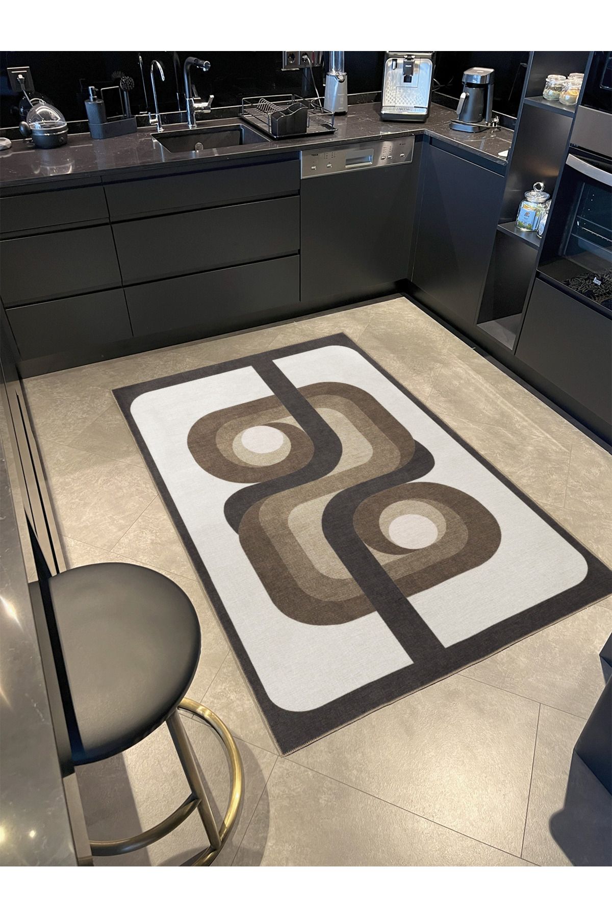 Kahverengi Bej Temalı Soyut Abstract Desenli Modern Dekoratif Halı 3411