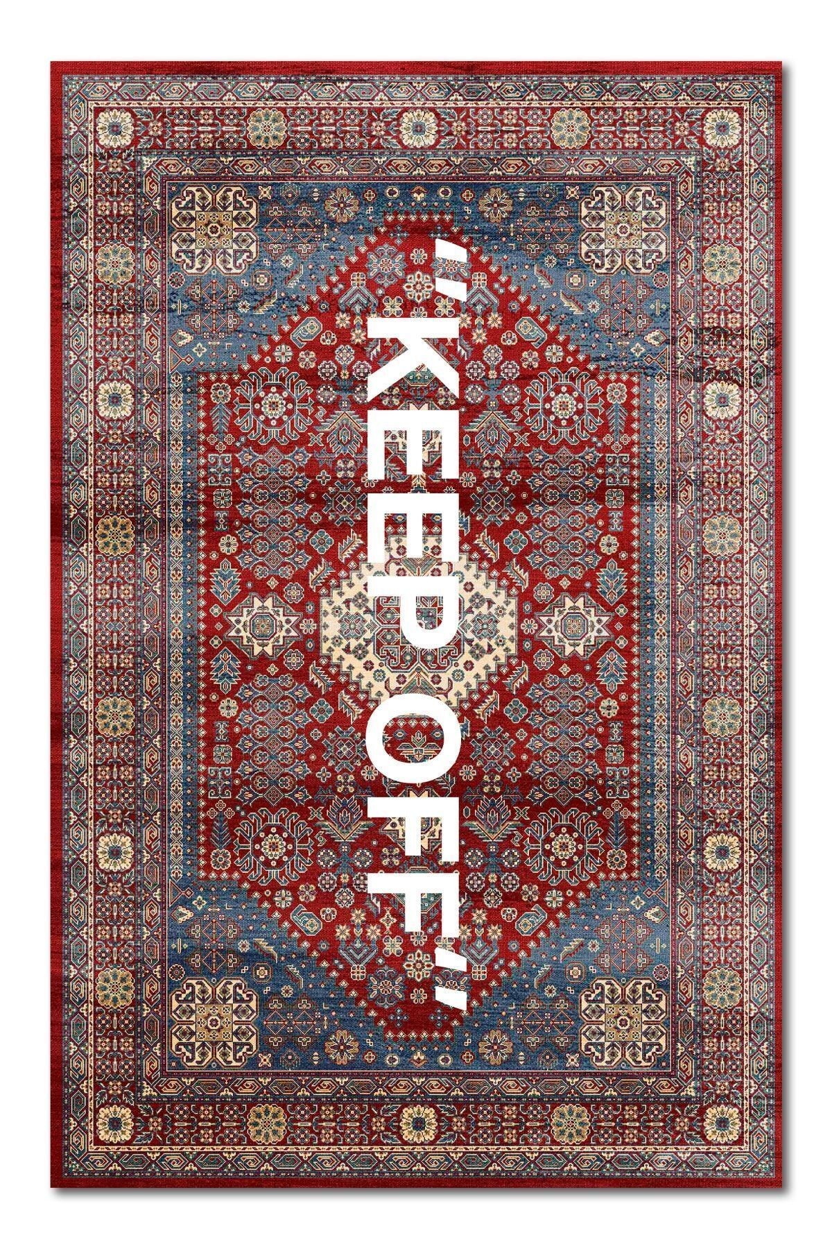 Mira 1134 Kırmızı Vintage Iran Halısı Temalı Keep Off Yazılı Dokuma Taban Halı