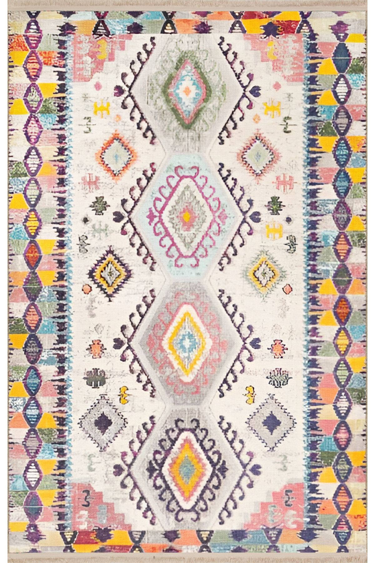 Açık Ton Çok Renkli Geometrik Şekil Desenli Motifli Kreatif Vintage Dekoratif Halı 1979