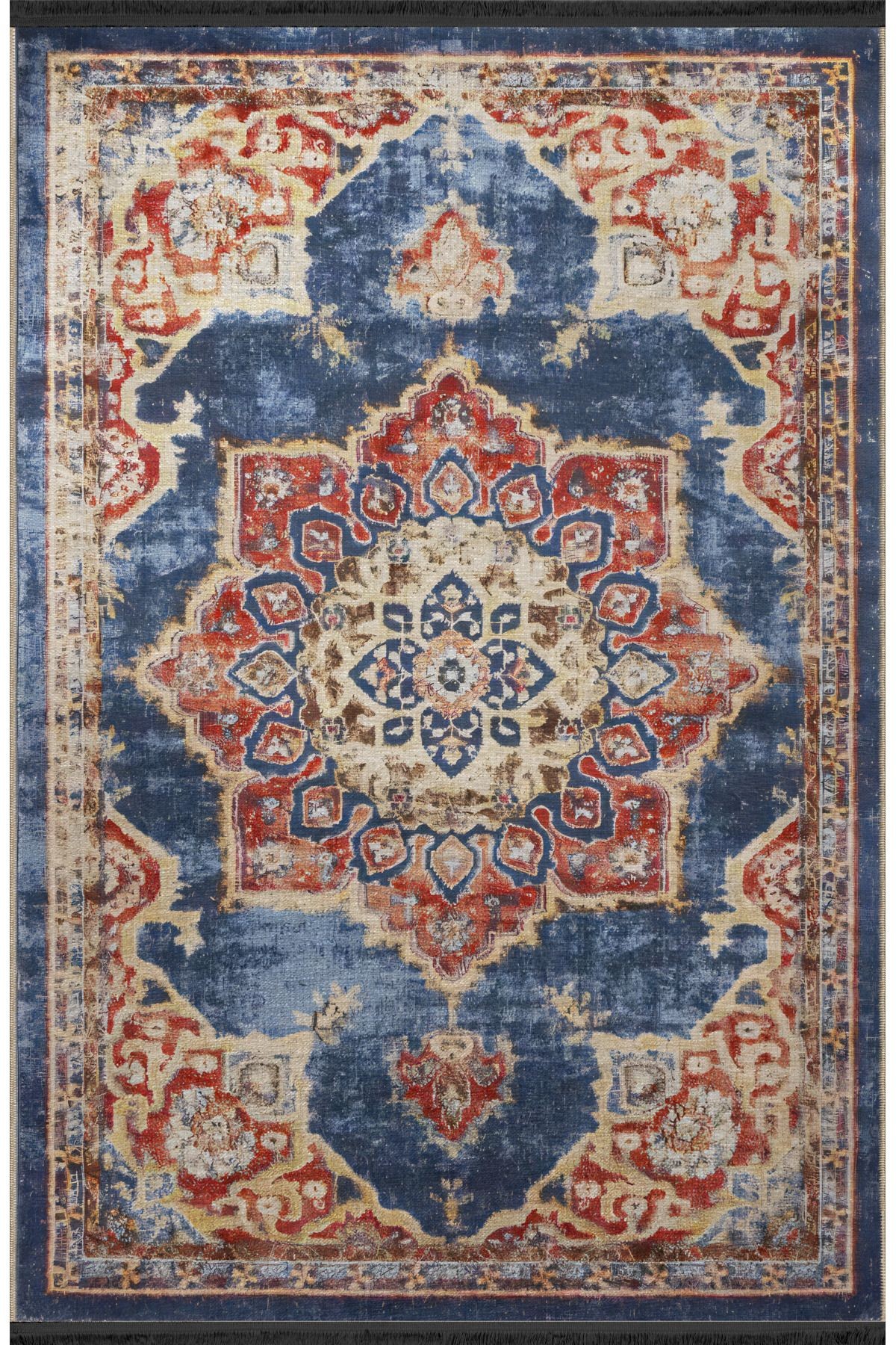 Mavi Temalı Geleneksel Motif Etnik Çiçek Desenli Kreatif Vintage Dekoratif Halı 2422