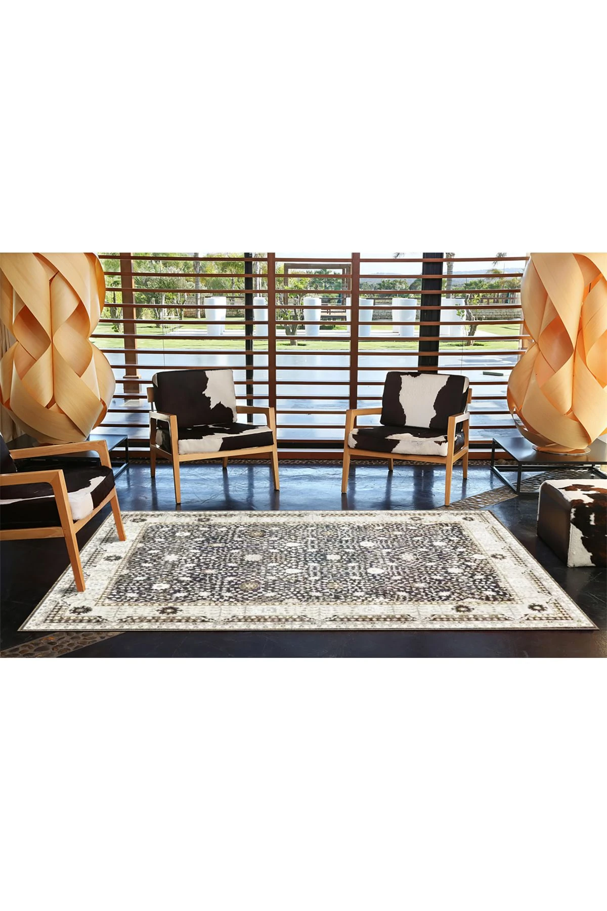 Siyah Bej Temalı Motifli Etnik Çiçek Desenli Vintage Dekoratif Halı 3497