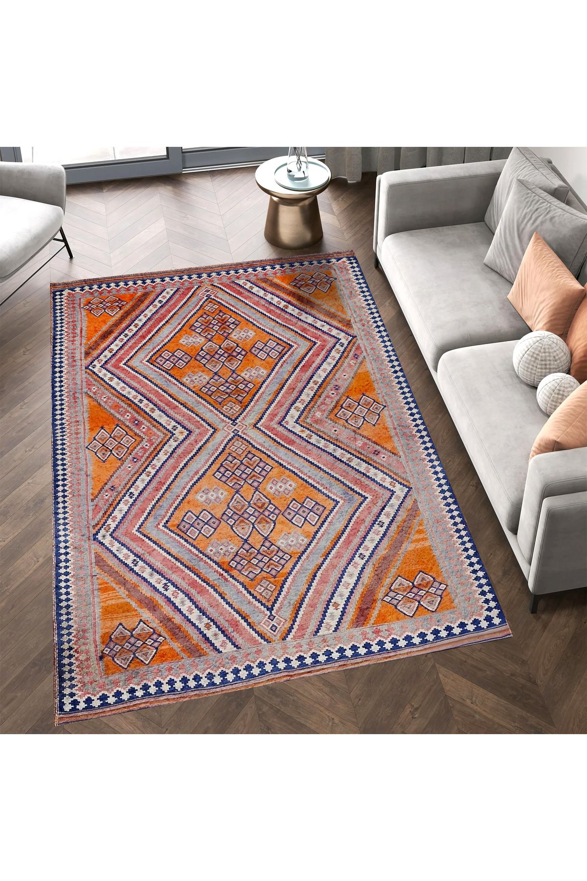 Mete Koleksiyonu Turuncu Temalı Etnik Motifler ve Geometrik Desenli Vintage Dekoratif Halı 48