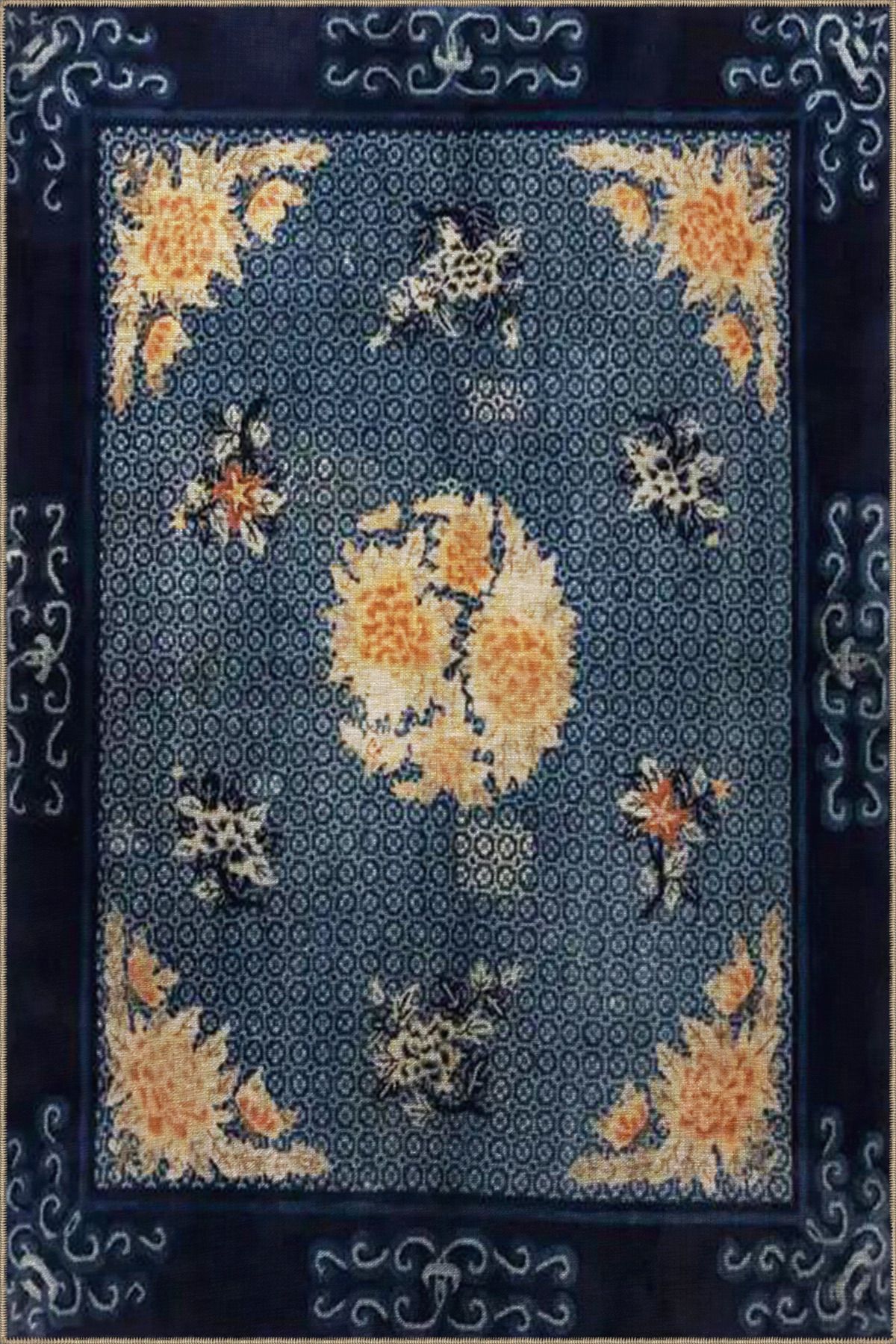 Lacivert Temalı Motifli Etnik Çiçek Desenli Vintage Dekoratif Halı 3489